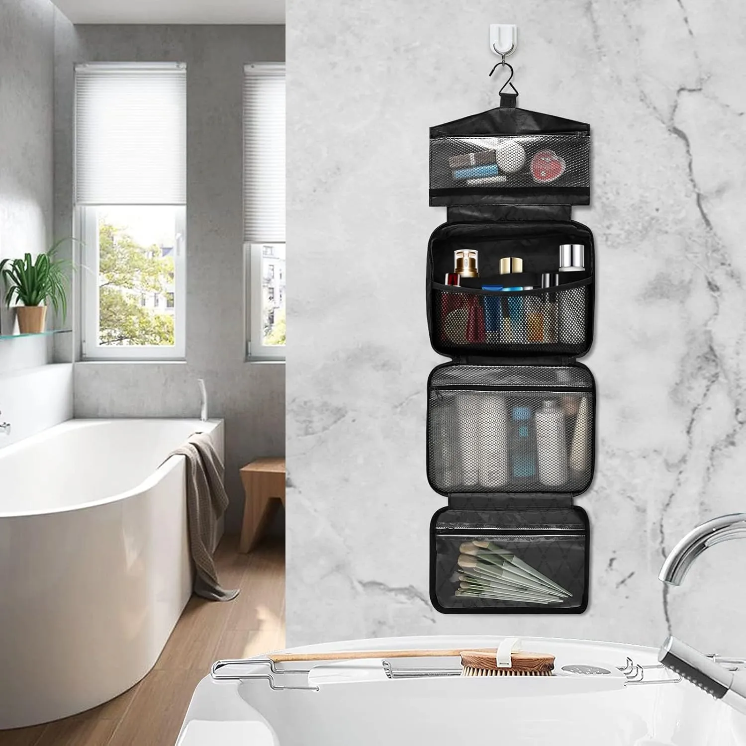DOMIKING Black Hanging Toiletry Bag Portable Cosmetic Bags Large Travel Makeup Organizers Holders for Men Women Brushes Accessories Shampoo