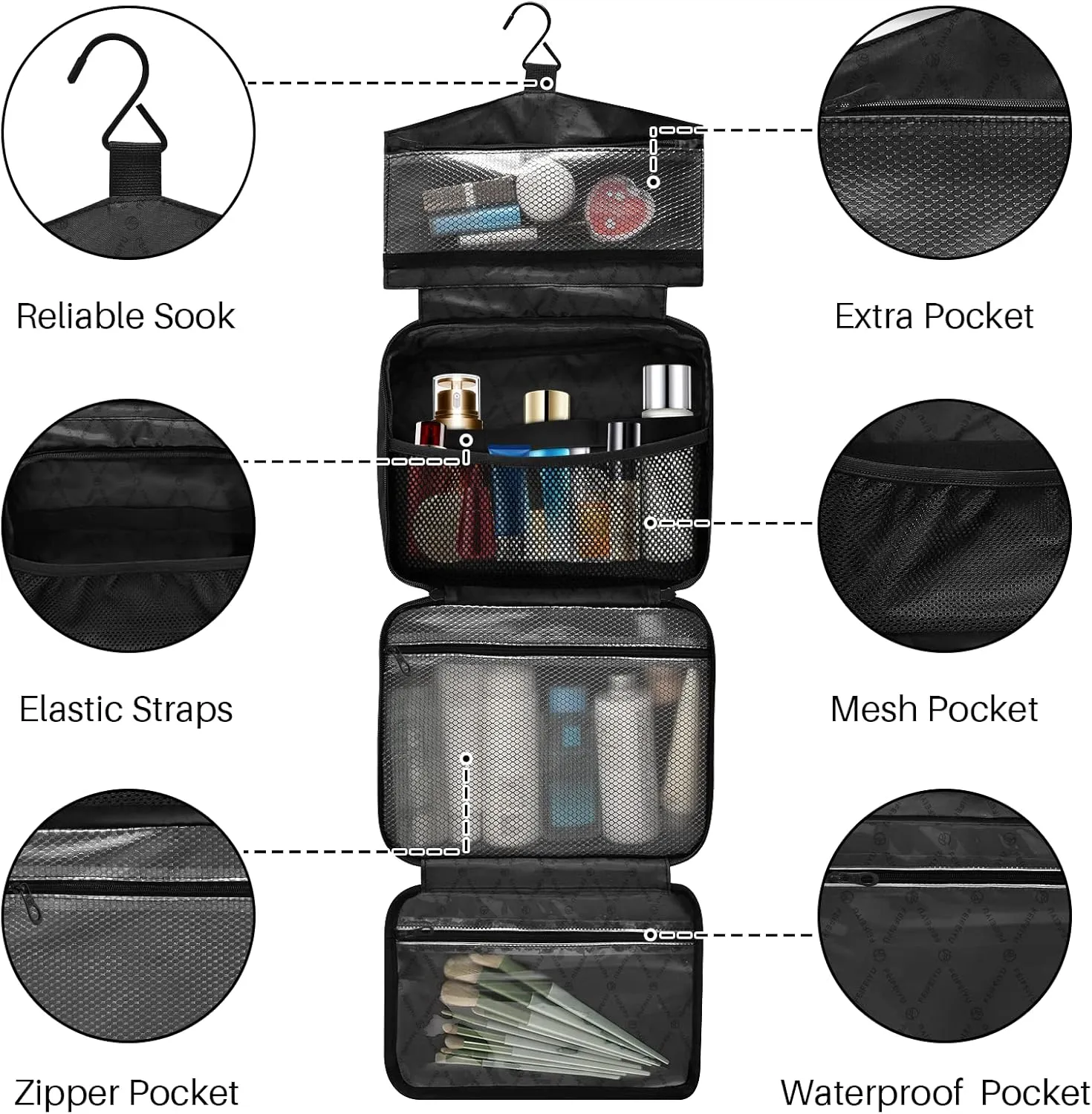 DOMIKING Black Hanging Toiletry Bag Portable Cosmetic Bags Large Travel Makeup Organizers Holders for Men Women Brushes Accessories Shampoo