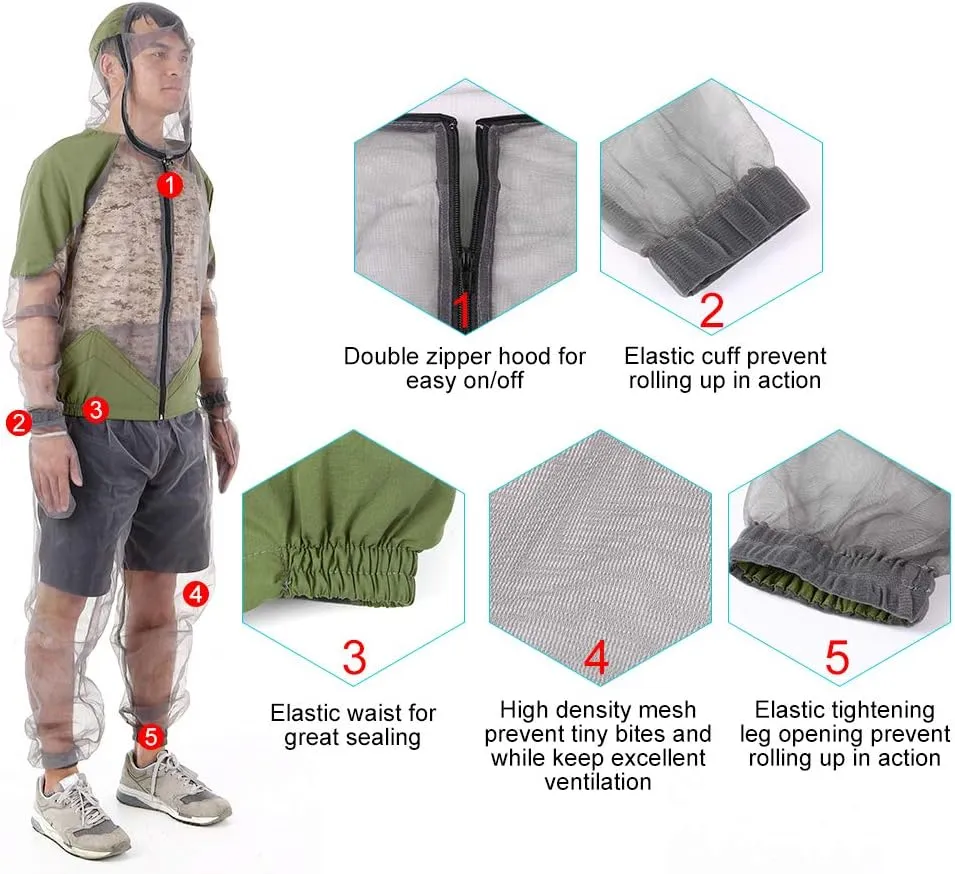 doorslay Fishing Suit - Mesh Bug Suit for Outdoor with Jacket, Pants, Hood & Gloves for Fishing, Hiking, Hunting, Camping
