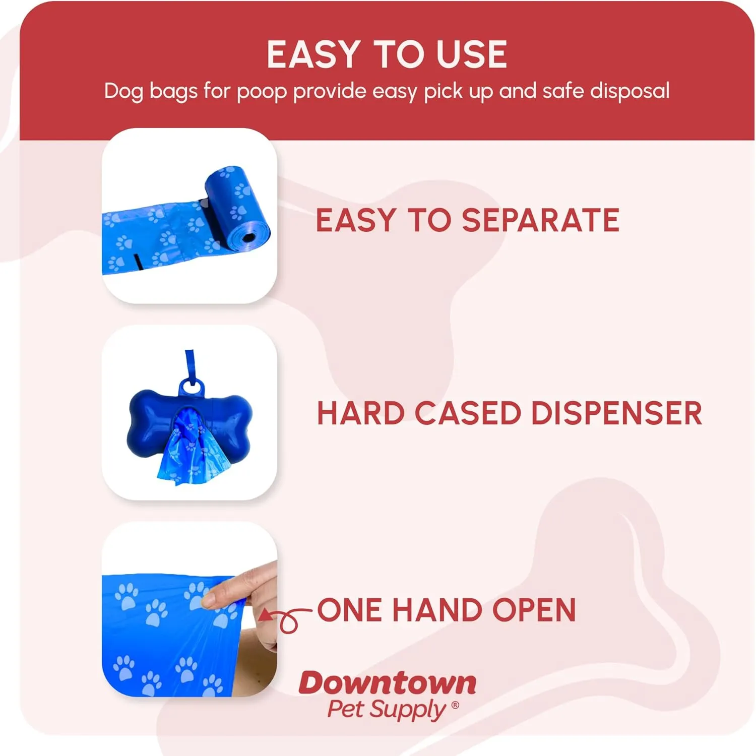 Downtown Pet Supply Poop Bags for Dogs with Dispenser, 1000 Count - Leak-Proof Dog Waste Bags and Bone-Shaped Dog Poop Bags Holder for Leash - Rainbow with Paw Prints, 12.5" x 8.5"