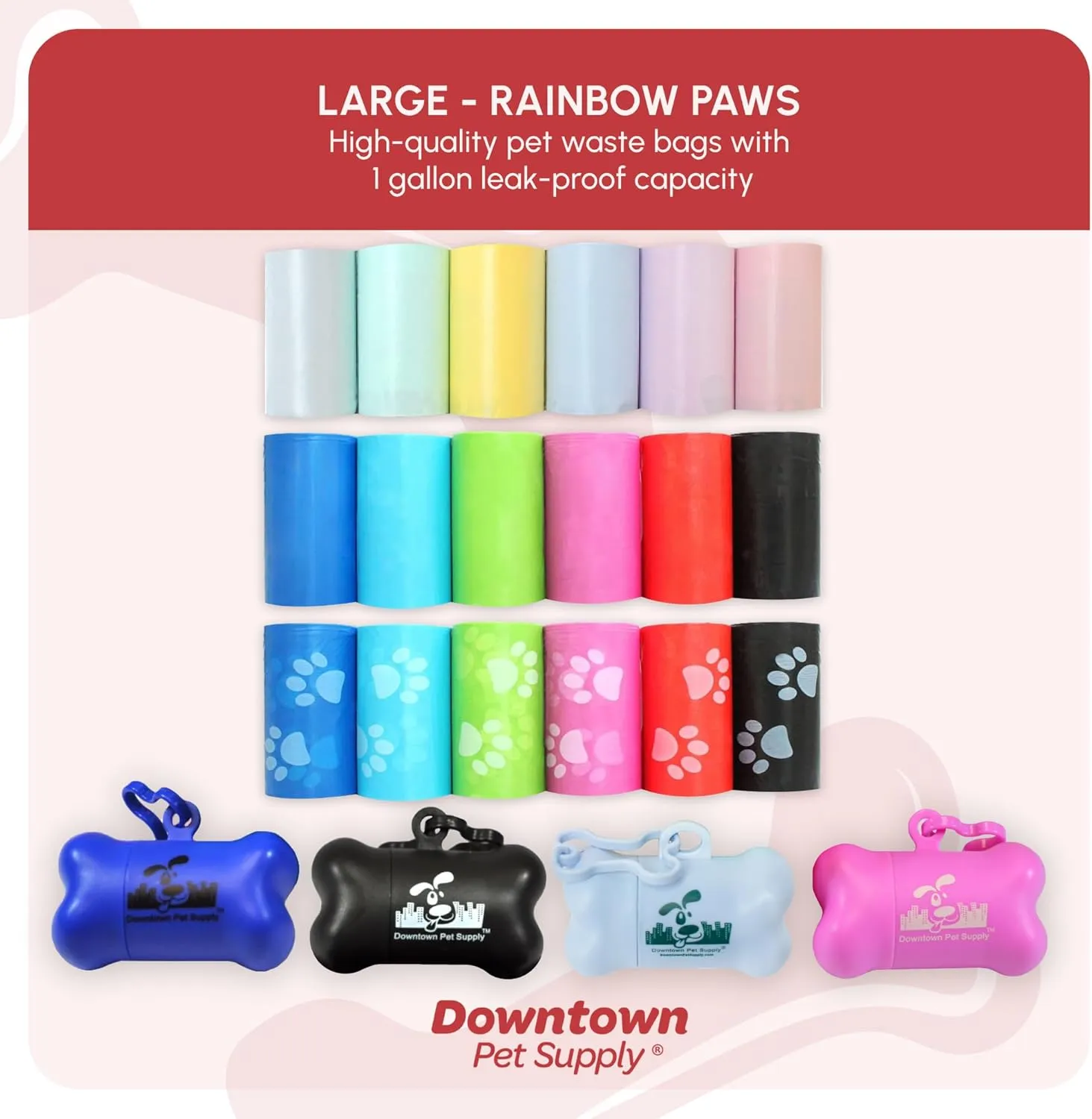 Downtown Pet Supply Poop Bags for Dogs with Dispenser, 1000 Count - Leak-Proof Dog Waste Bags and Bone-Shaped Dog Poop Bags Holder for Leash - Rainbow with Paw Prints, 12.5" x 8.5"