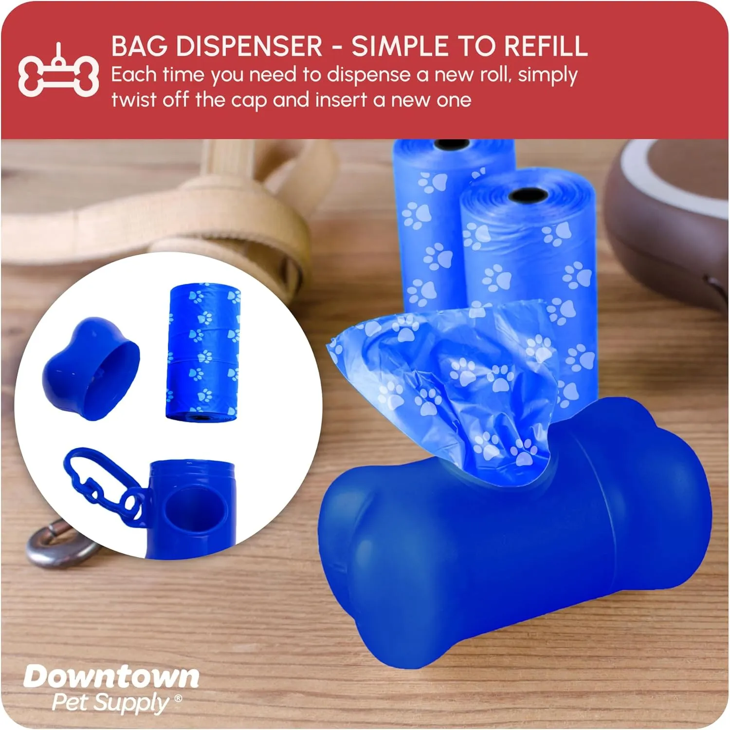 Downtown Pet Supply Poop Bags for Dogs with Dispenser, 1000 Count - Leak-Proof Dog Waste Bags and Bone-Shaped Dog Poop Bags Holder for Leash - Rainbow with Paw Prints, 12.5" x 8.5"