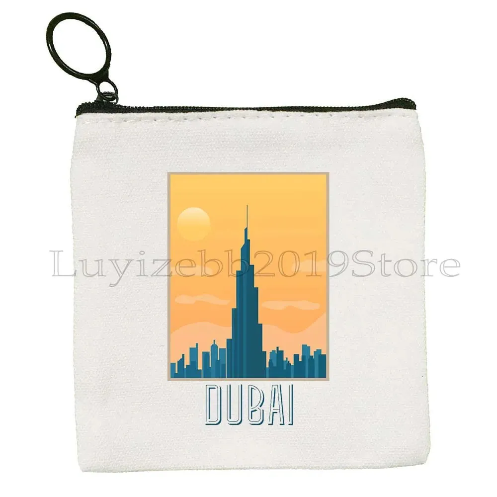 Dubai United Arab Emirates UAE Map Flag Asia Skyline Skyscraper Burj Khalifa Canvas Coin Purse Key Case Bag Wallet Zipper Pouch
