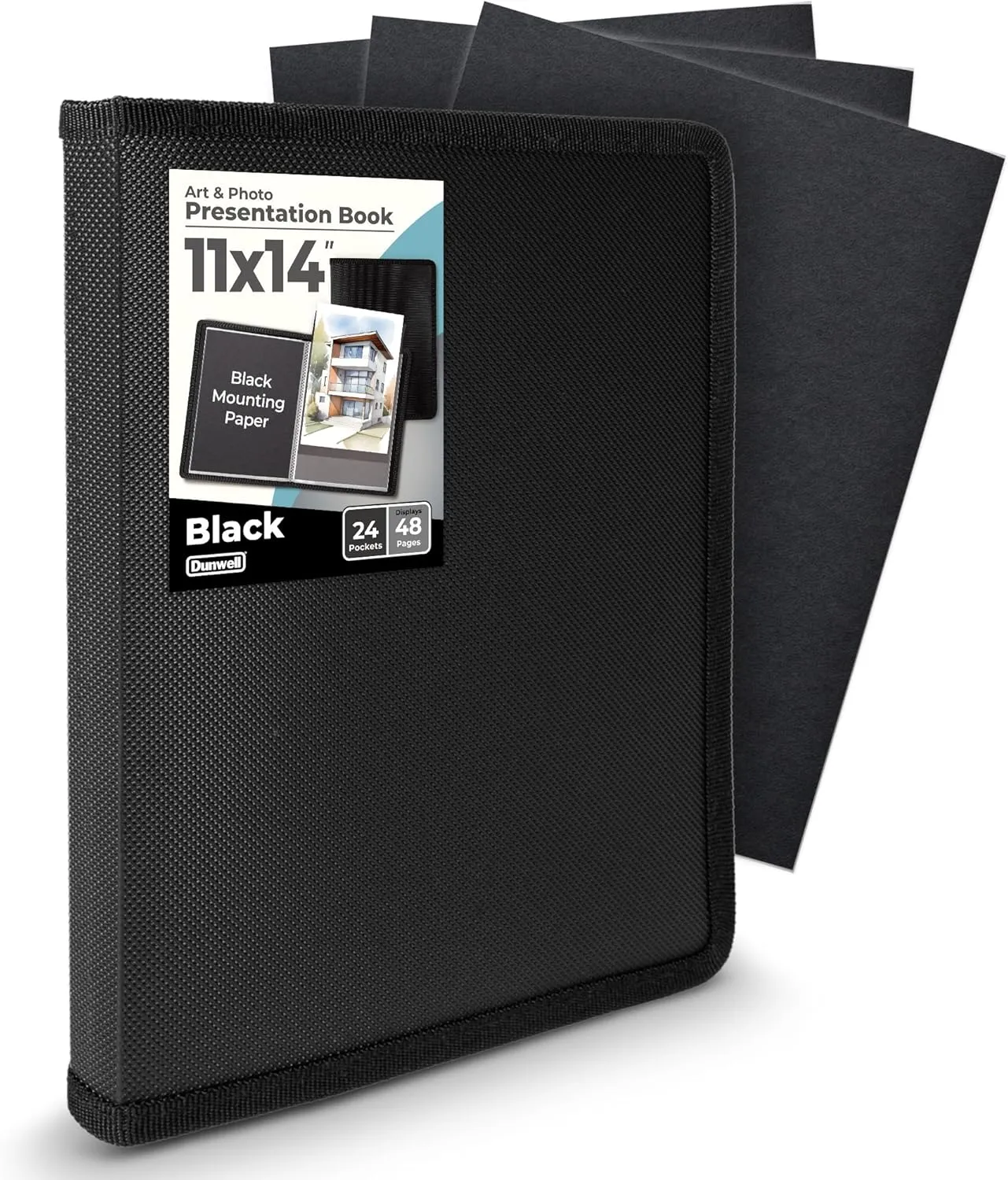 Dunwell 11x14 Art Portfolio Binder with Mounting Paper (Black), Large Portfolio Folder for Artwork Storage, 24 Sleeves Displays 48 Pages, 11 x 14 Presentation Book, Acid-Free Poly