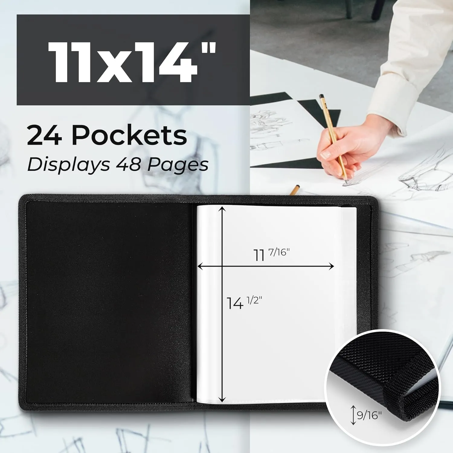 Dunwell 11x14 Art Portfolio Binder with Mounting Paper (Black), Large Portfolio Folder for Artwork Storage, 24 Sleeves Displays 48 Pages, 11 x 14 Presentation Book, Acid-Free Poly