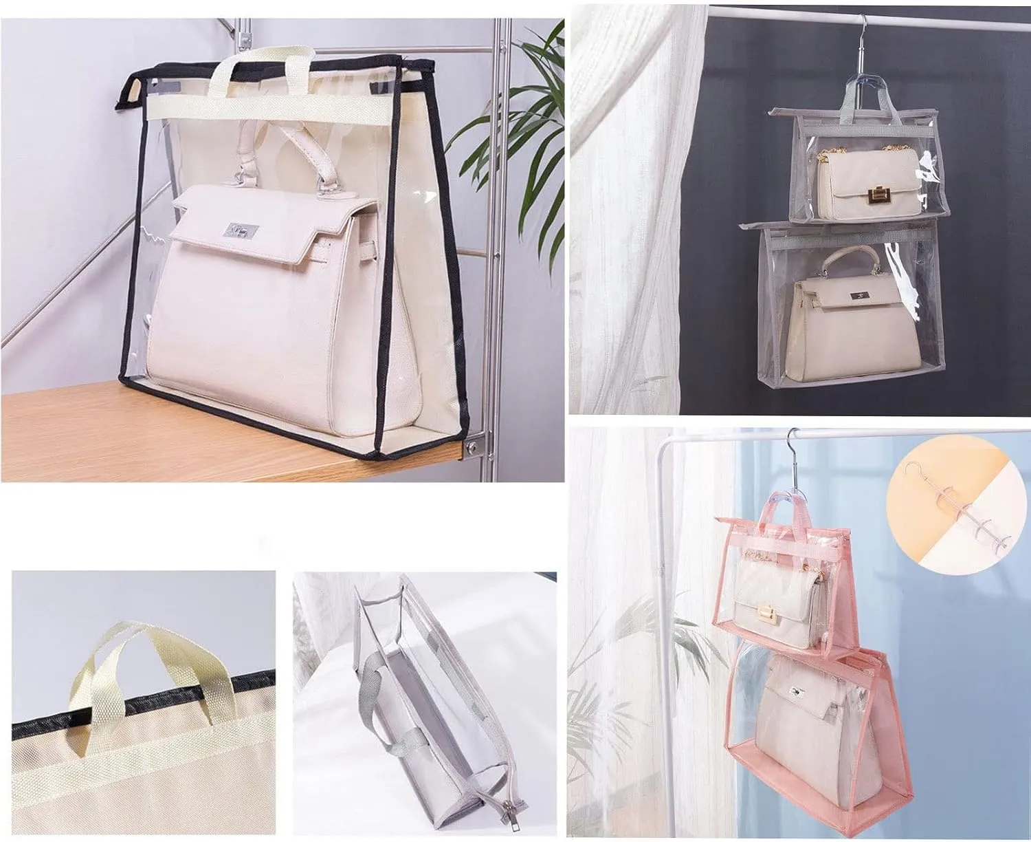 Dust Bags for Handbags - Purse Storage Organizer for Closet Moistureproof and Dustproof Cover Hanging with Zipper and Handle (Black-2XL)