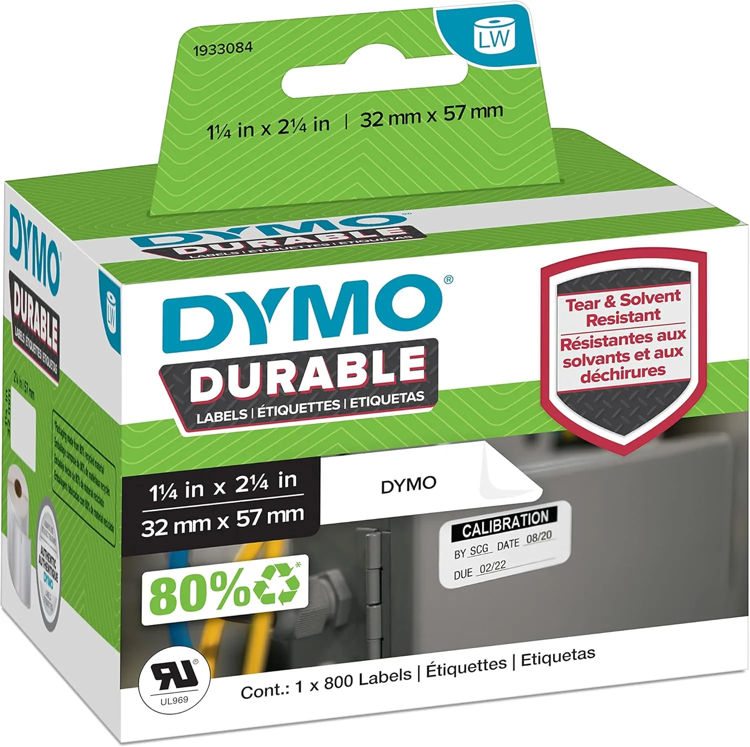 DYMO LW Durable Industrial Labels for LabelWriter Label Printers, White Poly, 2-1/4” x 1-1/4”, 1 Roll of 800