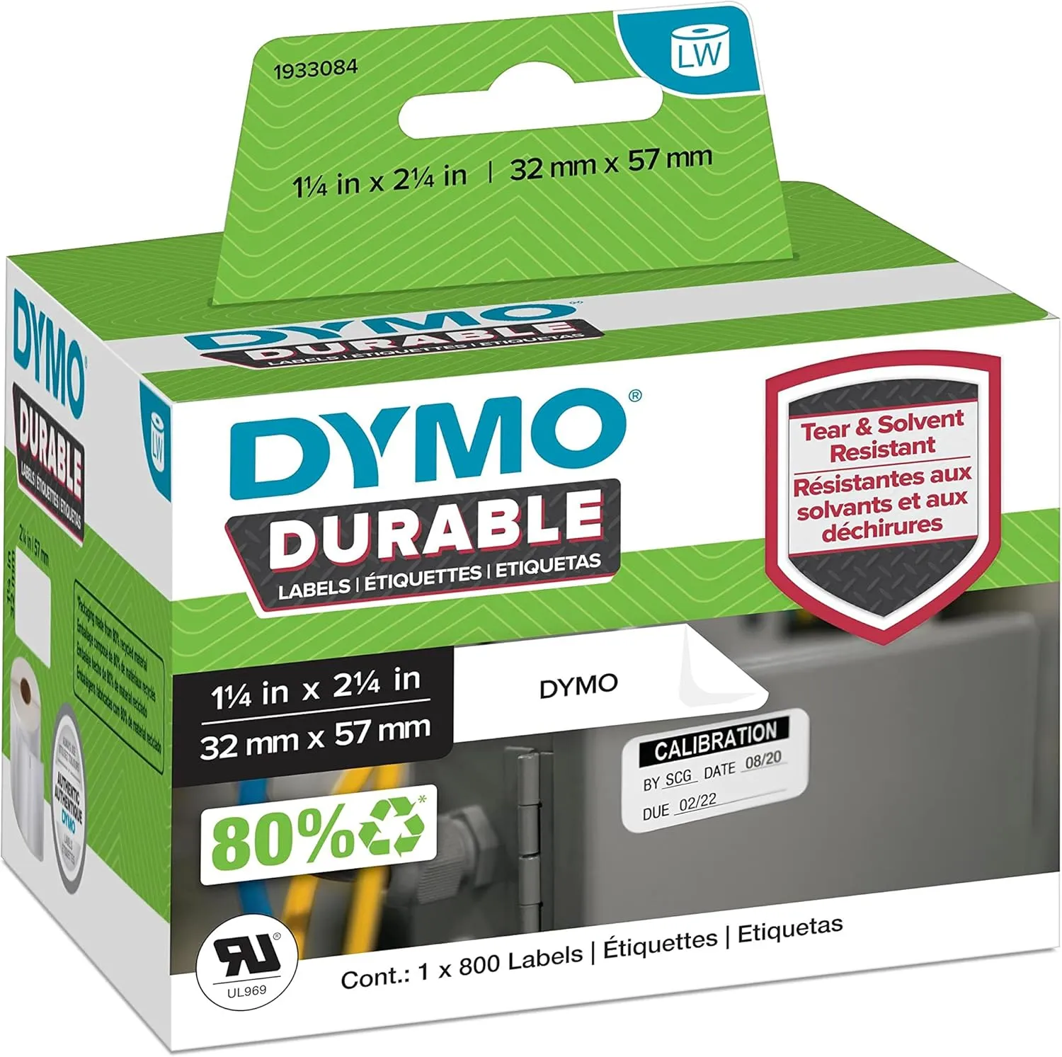 DYMO LW Durable Industrial Labels for LabelWriter Label Printers, White Poly, 2-1/4” x 1-1/4”, 1 Roll of 800