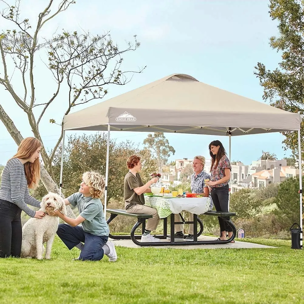 EAGLE PEAK Pop Up Canopy Tent with Wheeled Carry Bag, 8 Stakes, 4 Ropes, 4 Weight Bags, Easy Set Up Tent Canopy, 10x10 ft, 100sqft of Shade, Light Beige