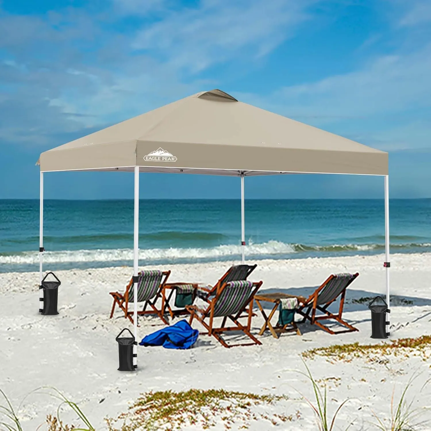 EAGLE PEAK Pop Up Canopy Tent with Wheeled Carry Bag, 8 Stakes, 4 Ropes, 4 Weight Bags, Easy Set Up Tent Canopy, 10x10 ft, 100sqft of Shade, Light Beige
