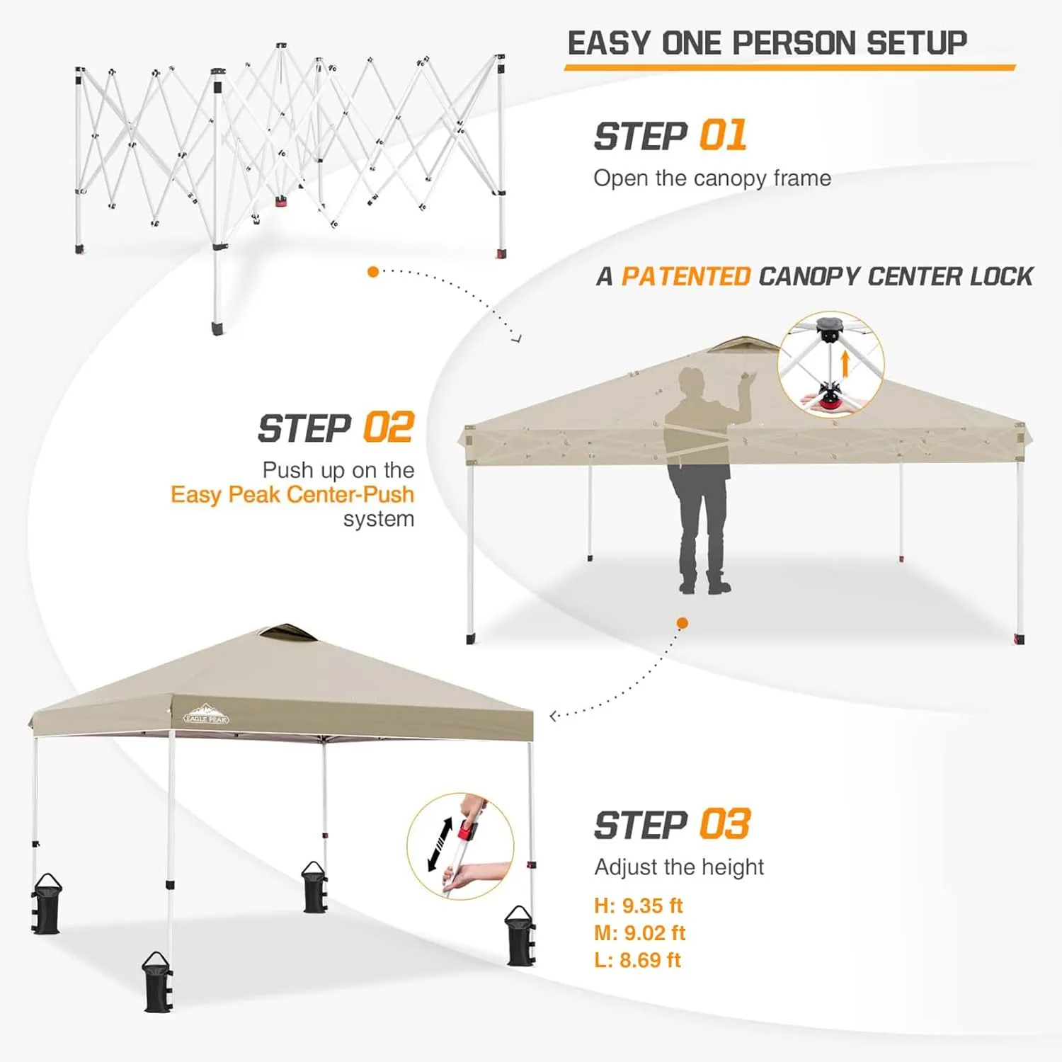 EAGLE PEAK Pop Up Canopy Tent with Wheeled Carry Bag, 8 Stakes, 4 Ropes, 4 Weight Bags, Easy Set Up Tent Canopy, 10x10 ft, 100sqft of Shade, Light Beige