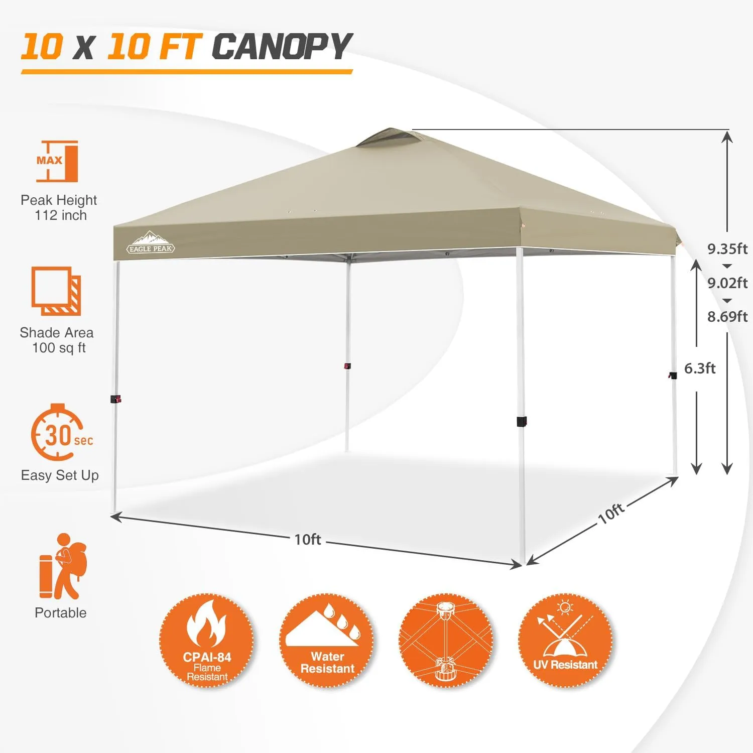 EAGLE PEAK Pop Up Canopy Tent with Wheeled Carry Bag, 8 Stakes, 4 Ropes, 4 Weight Bags, Easy Set Up Tent Canopy, 10x10 ft, 100sqft of Shade, Light Beige