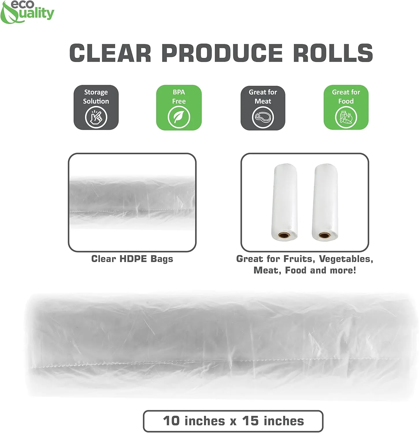 EcoQuality 10x15 Plastic Produce Bags on a Roll 500 Bags/Roll- Food Storage Roll Bags, Clear Plastic Bags for Vegetables, Food, Fruits, Bread, Pet Waste Bags, Grocery Bags, Supermarket Bags (1)