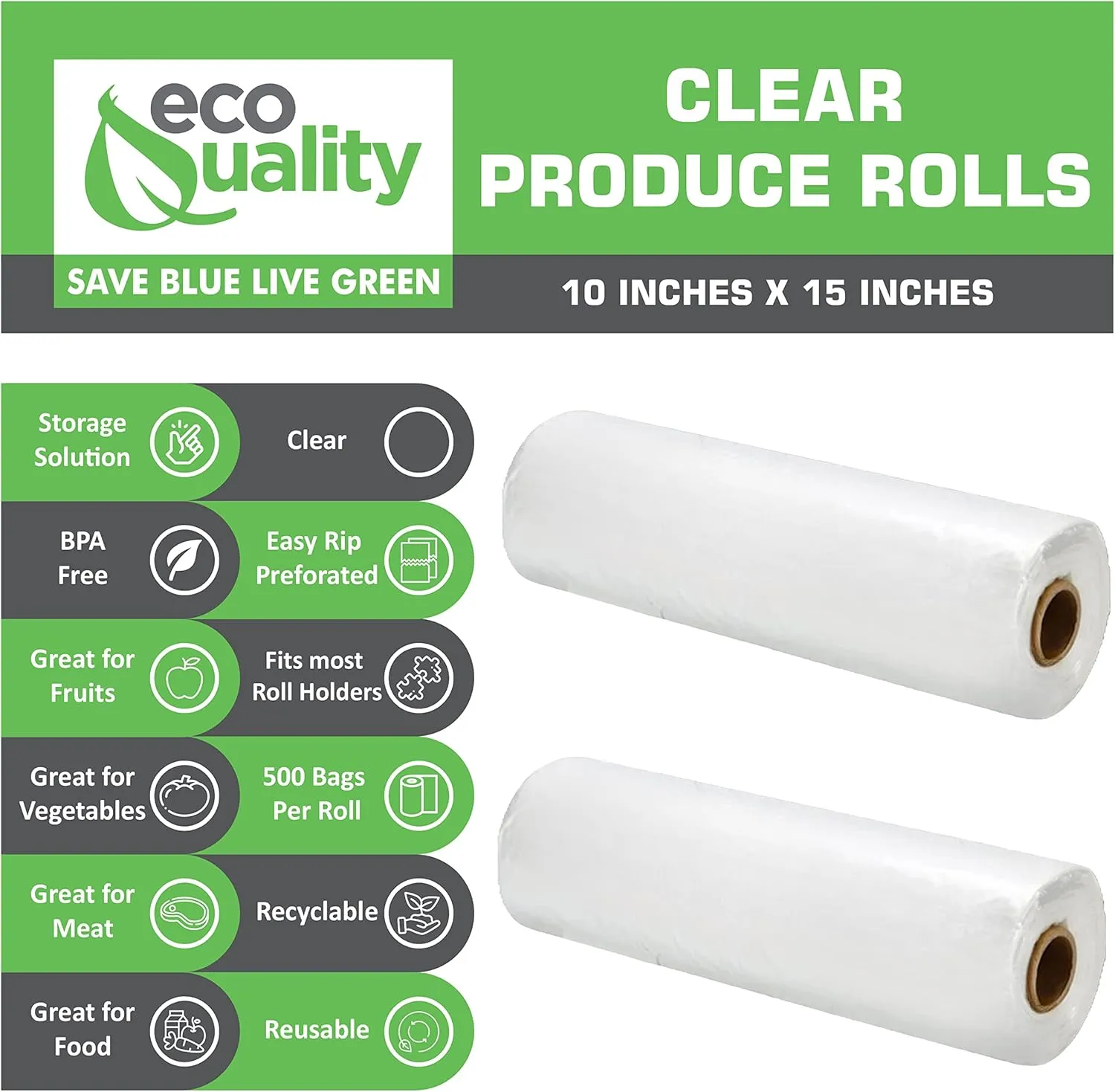 EcoQuality 10x15 Plastic Produce Bags on a Roll 500 Bags/Roll- Food Storage Roll Bags, Clear Plastic Bags for Vegetables, Food, Fruits, Bread, Pet Waste Bags, Grocery Bags, Supermarket Bags (1)