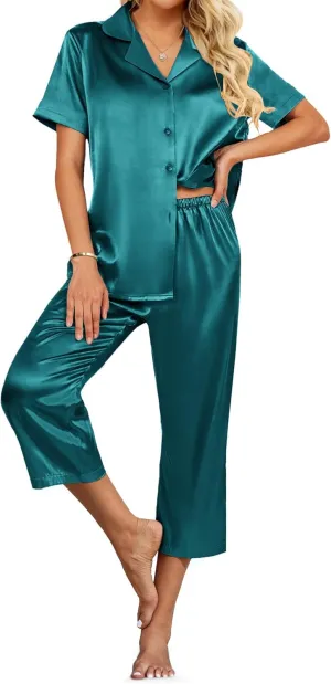 Ekouaer Womens Satin Pajamas Silk Capri Pjs 2 Piece Lounge Sets Short Sleeve Button Down Sleepwear