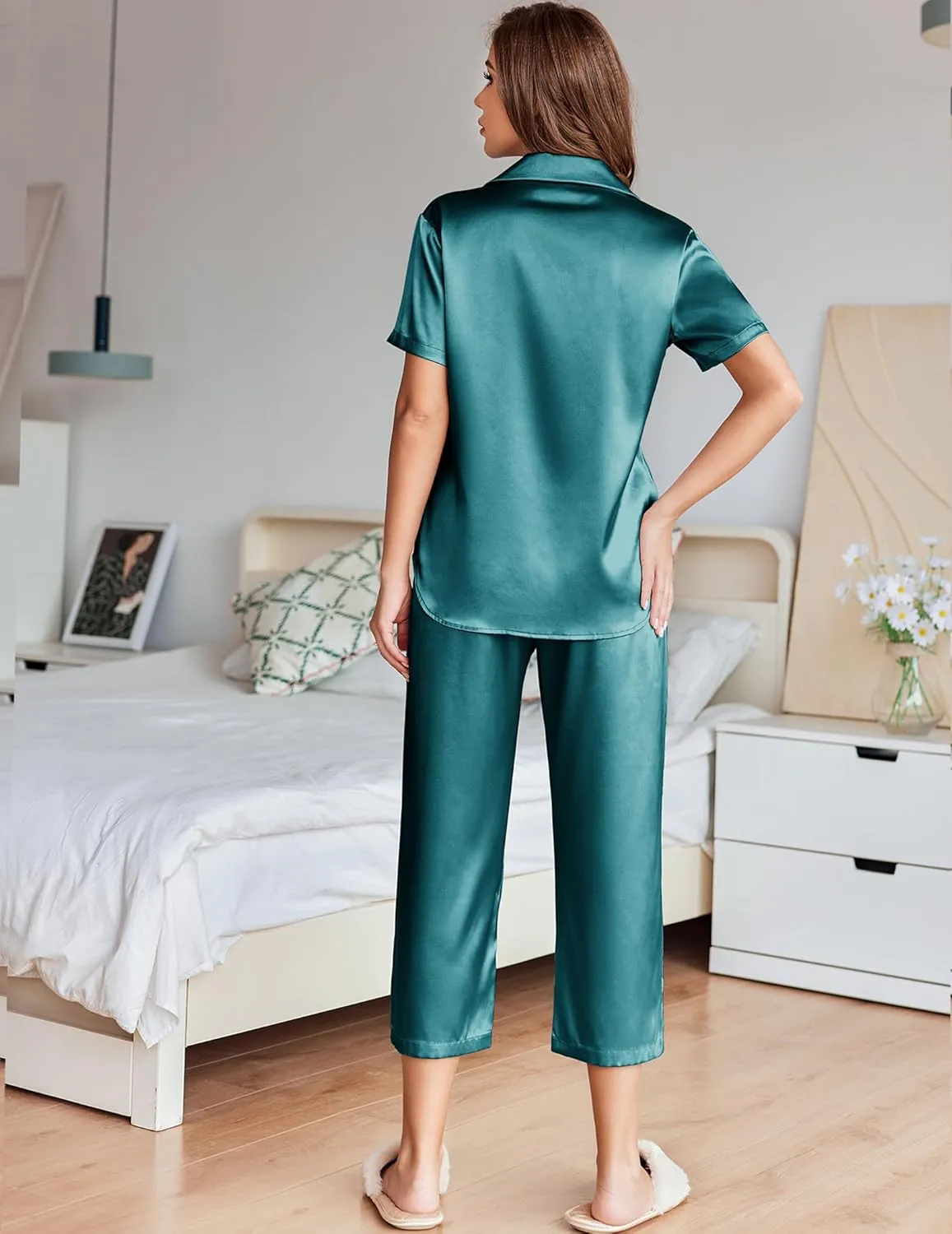 Ekouaer Womens Satin Pajamas Silk Capri Pjs 2 Piece Lounge Sets Short Sleeve Button Down Sleepwear