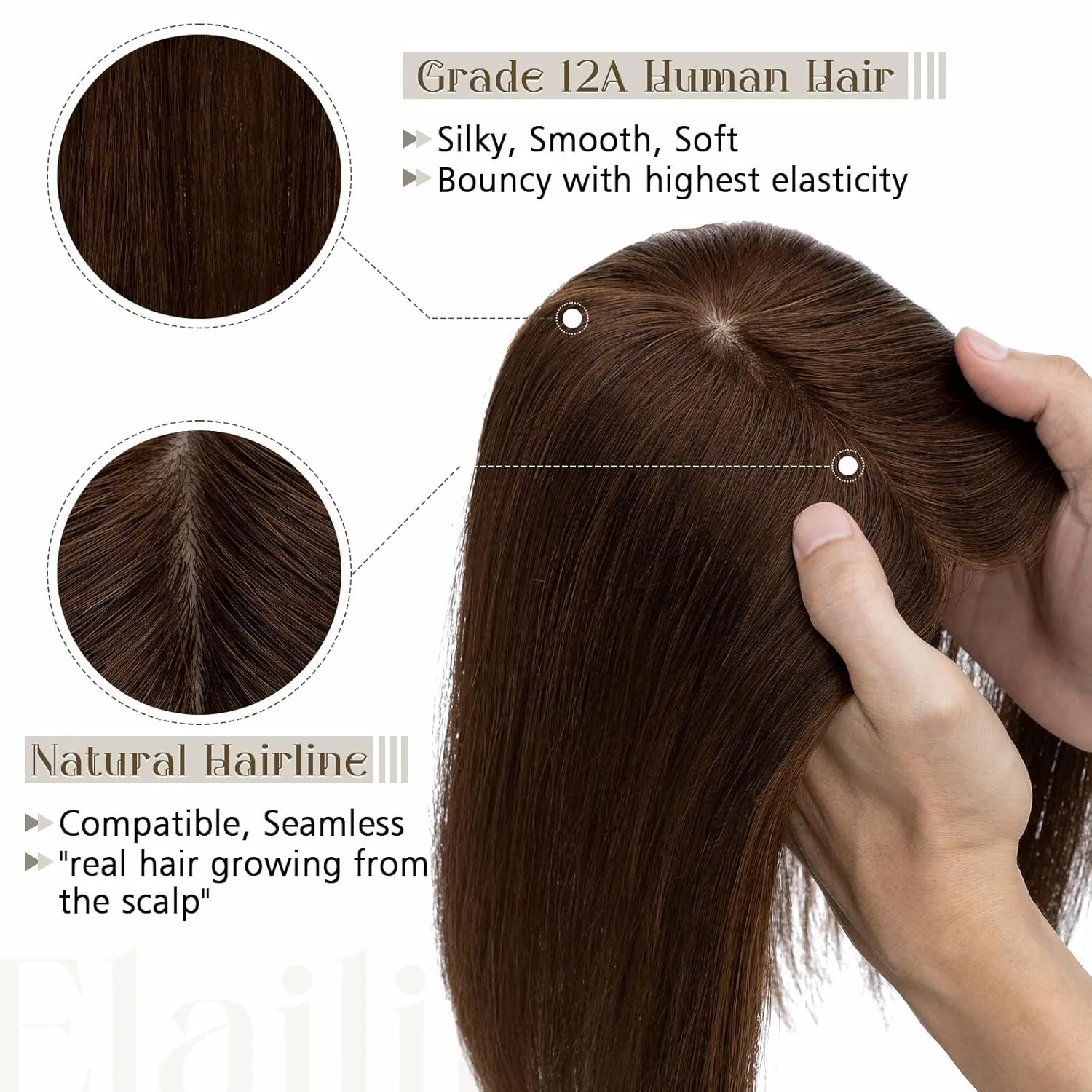 Elailite Hair Toppers for Women - Real Human Hair Free Parting for Thinning Cover, Clip in Pieces for Loss, Gray Fine Hair - 8 Inch #4 Chocolate Brown