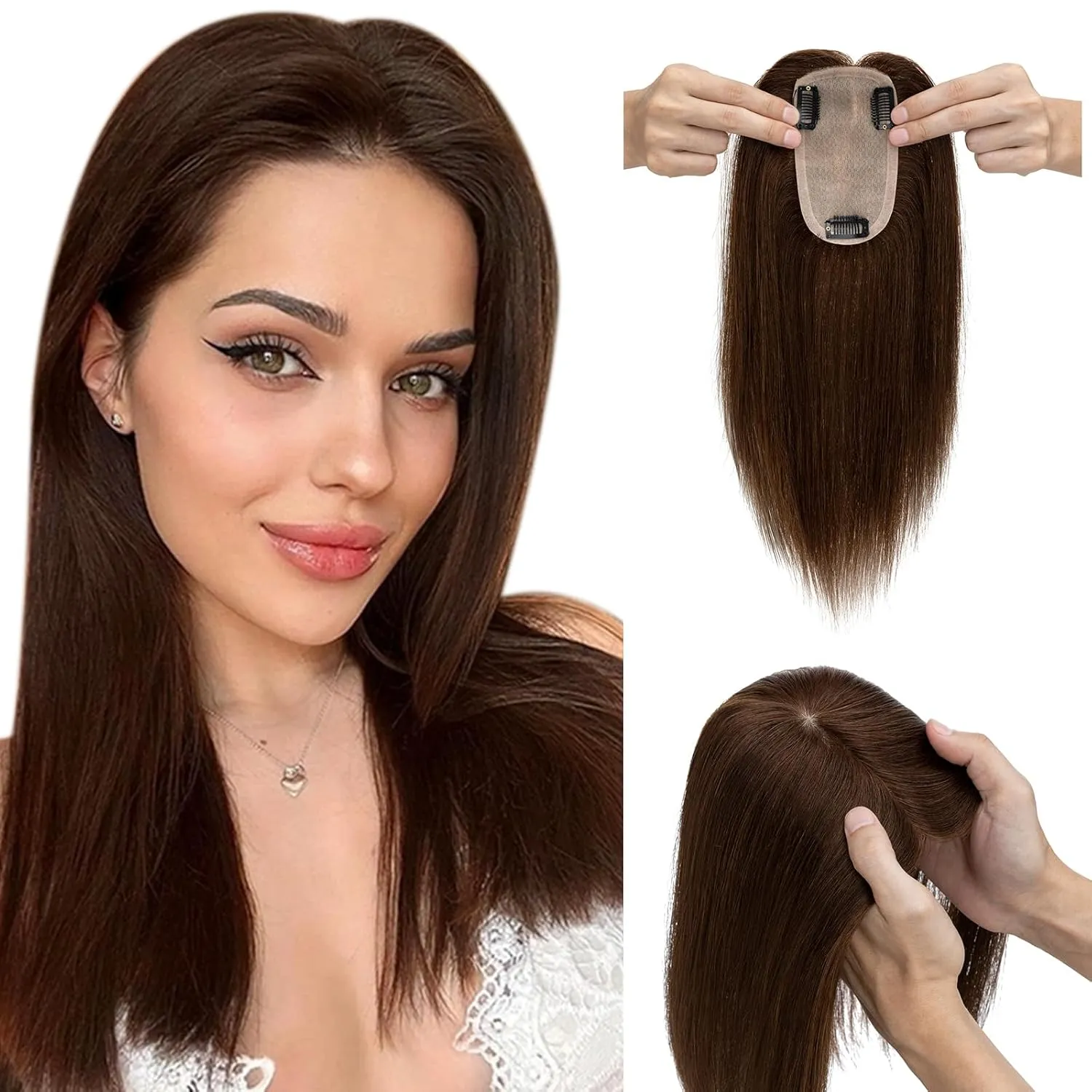 Elailite Hair Toppers for Women - Real Human Hair Free Parting for Thinning Cover, Clip in Pieces for Loss, Gray Fine Hair - 8 Inch #4 Chocolate Brown