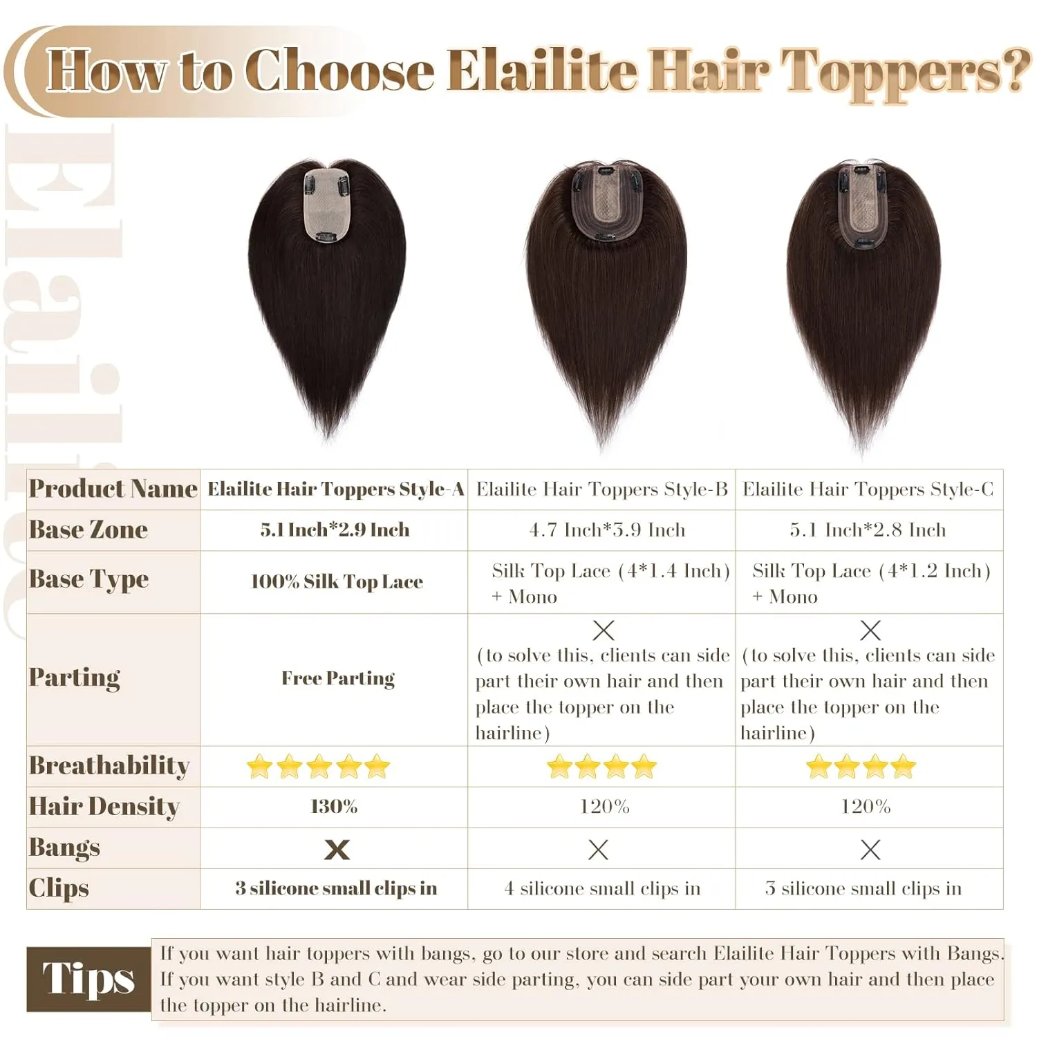Elailite Hair Toppers for Women - Real Human Hair Free Parting for Thinning Cover, Clip in Pieces for Loss, Gray Fine Hair - 8 Inch #4 Chocolate Brown