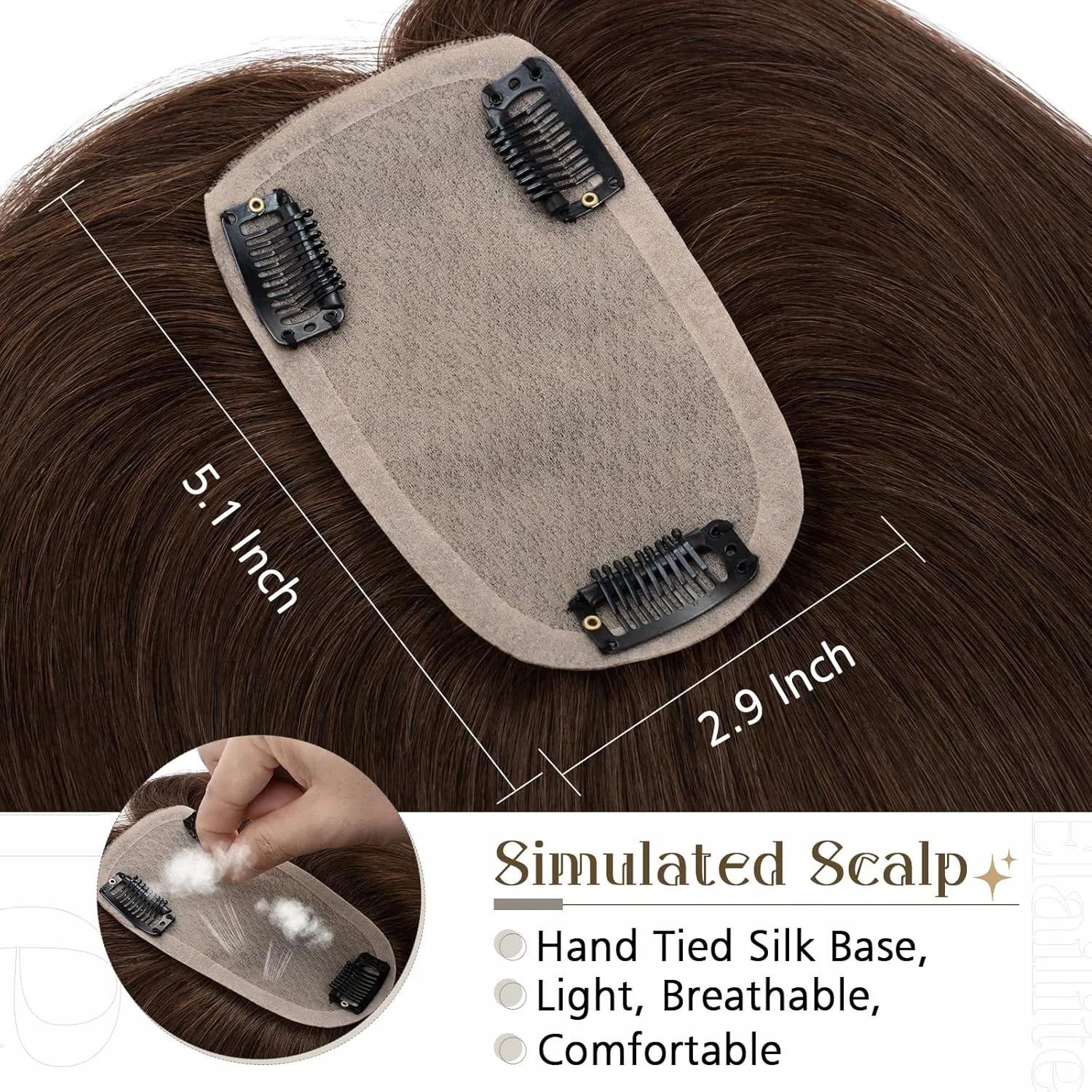 Elailite Hair Toppers for Women - Real Human Hair Free Parting for Thinning Cover, Clip in Pieces for Loss, Gray Fine Hair - 8 Inch #4 Chocolate Brown