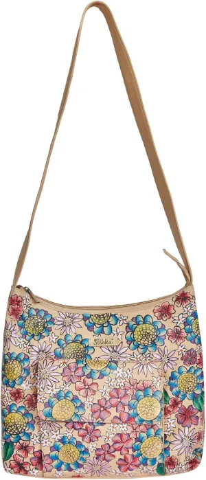 Elegant Leather Hobo Bag with Hand-Painted Floral Design
