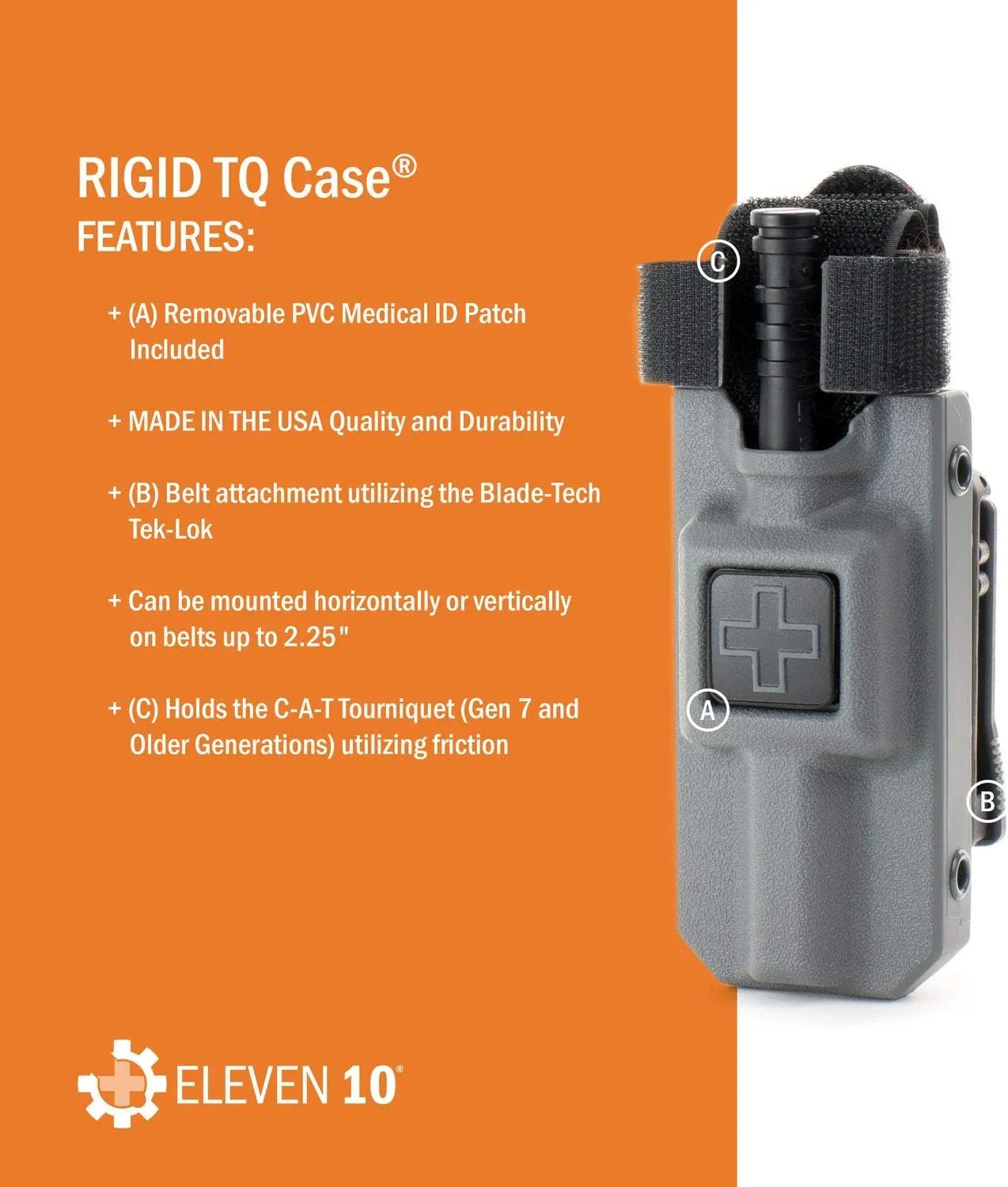 Eleven 10 Rigid TQ Case for C-A-T Tourniquet, Rescue Orange, Belt Attachment