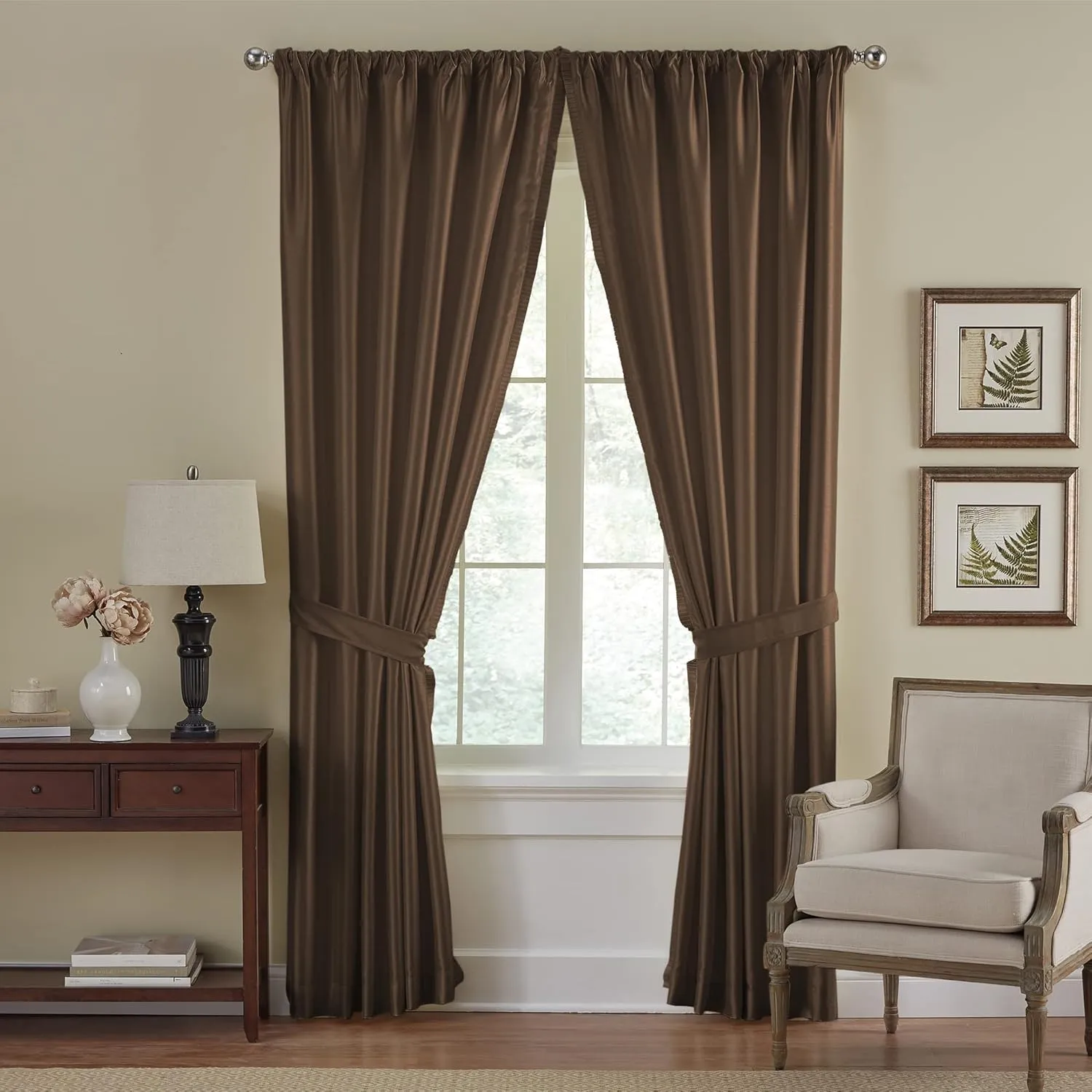 Elrene Home Fashions Versailles Faux-Silk Room-Darkening Curtain Panel, Blackout Curtain with Rod Pocket, 52 Inches by 95 Inches, Chocolate Brown, 1 Panel