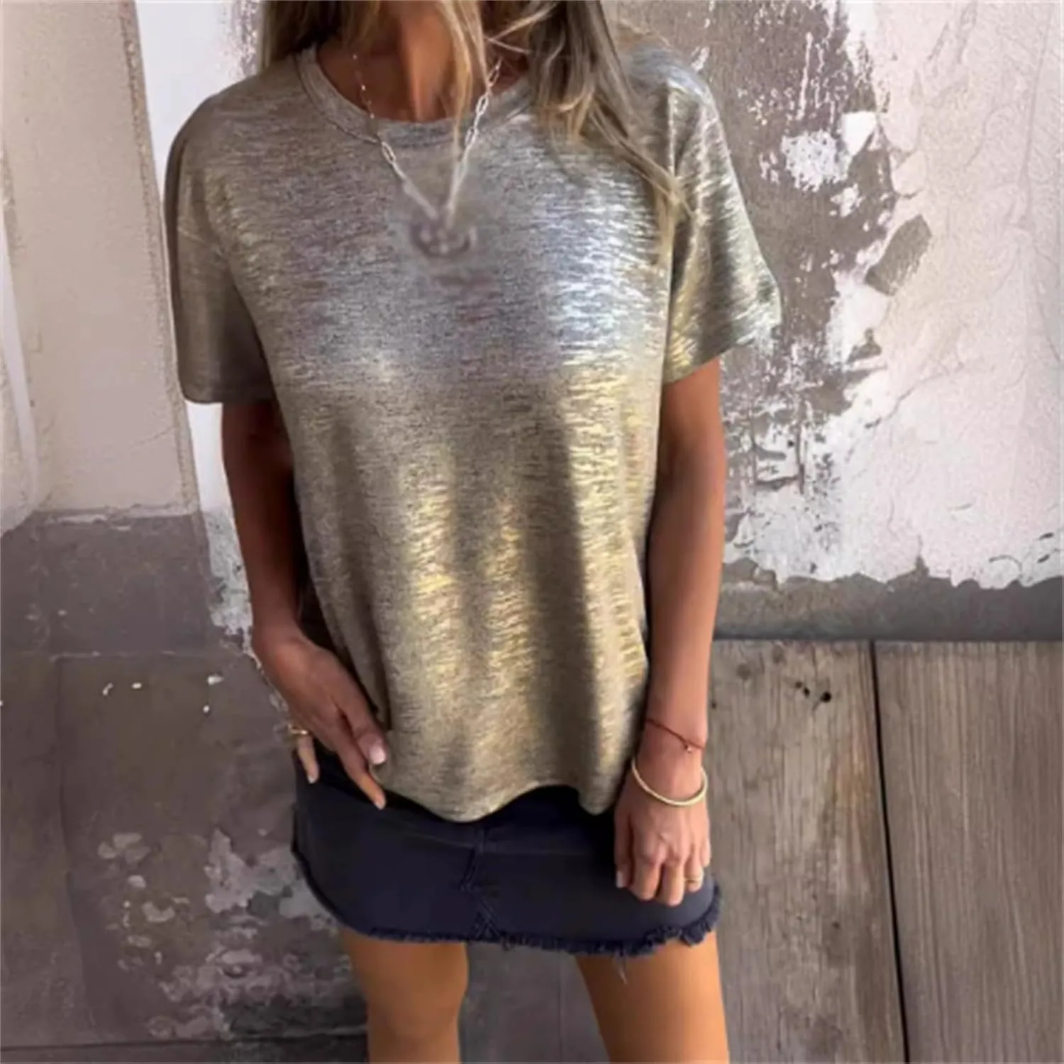 Emboadlie Gold Foil Short-Sleeved T-Shirt, Women's Round Neck Short-Sleeved Summer T-Shirt, Gold Foil Shortsleeved