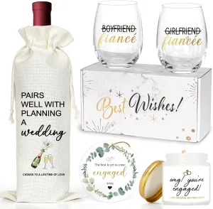 Engagement Gifts For Couples, Newly Engaged Fiance Gifts For Her Him Women Men, Future Mrs Just Enagaed Wine Glasses Bag Set With Candle And Ornament, Cool Wedding Party Decorations for Bride To Be