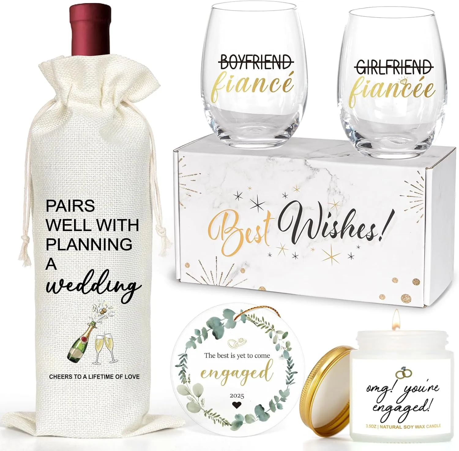Engagement Gifts For Couples, Newly Engaged Fiance Gifts For Her Him Women Men, Future Mrs Just Enagaed Wine Glasses Bag Set With Candle And Ornament, Cool Wedding Party Decorations for Bride To Be
