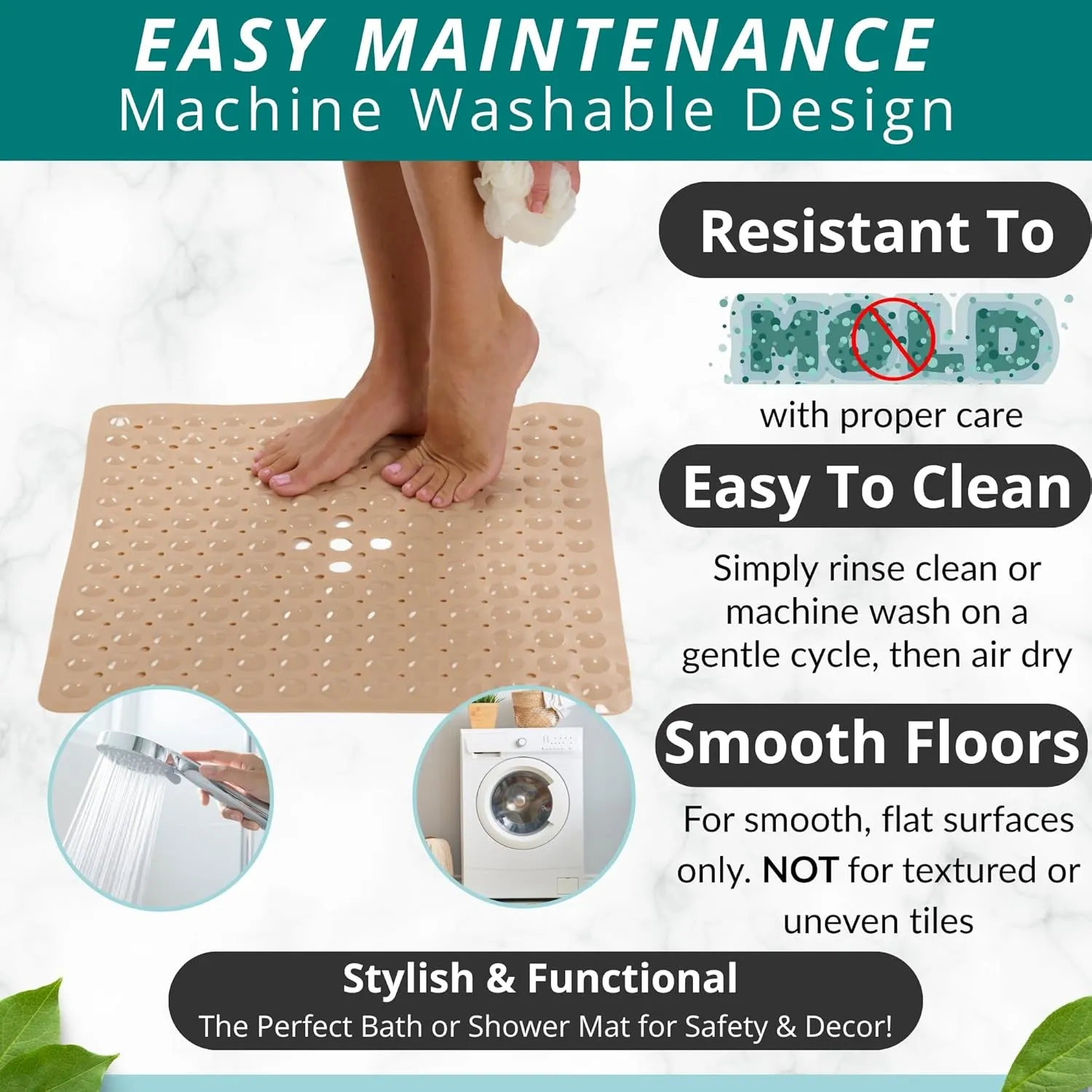 ENKOSI 21 x 21 inch Square Non-Slip Shower Mat – Anti-Slip Shower Mats for Inside Shower – Secure Grip for Shower Stall Floors – Quick-Dry with Drain Holes (21x21 Beige)