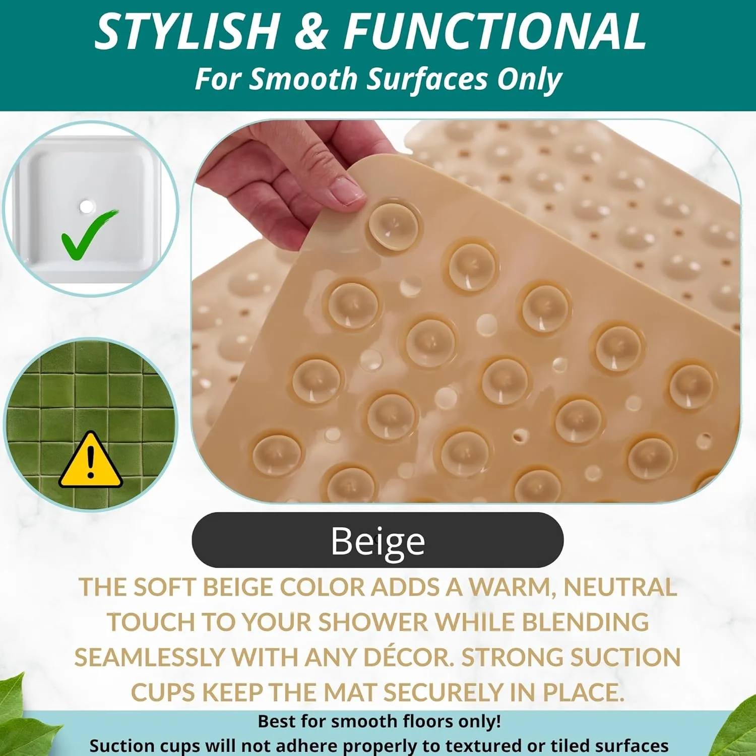 ENKOSI 21 x 21 inch Square Non-Slip Shower Mat – Anti-Slip Shower Mats for Inside Shower – Secure Grip for Shower Stall Floors – Quick-Dry with Drain Holes (21x21 Beige)