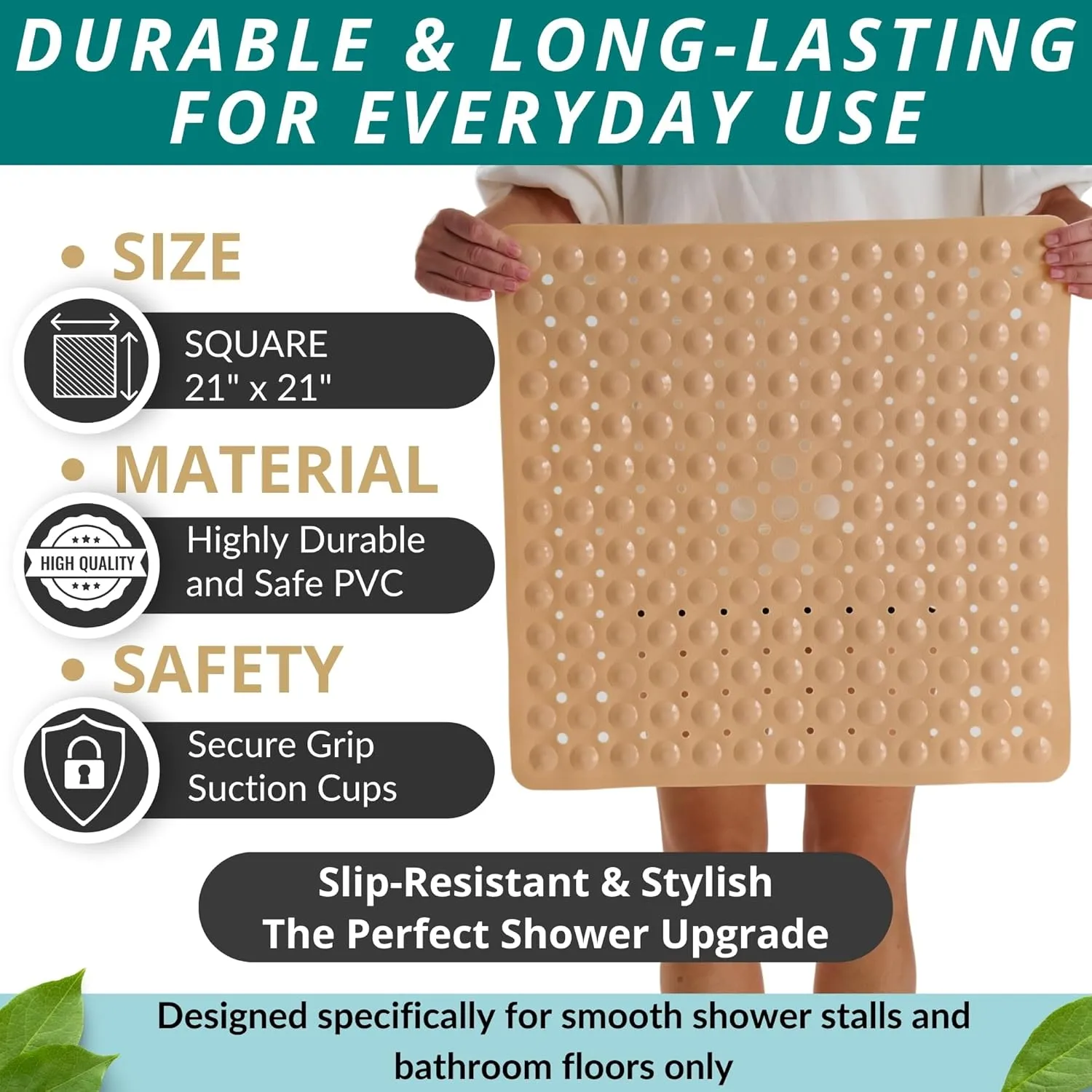 ENKOSI 21 x 21 inch Square Non-Slip Shower Mat – Anti-Slip Shower Mats for Inside Shower – Secure Grip for Shower Stall Floors – Quick-Dry with Drain Holes (21x21 Beige)