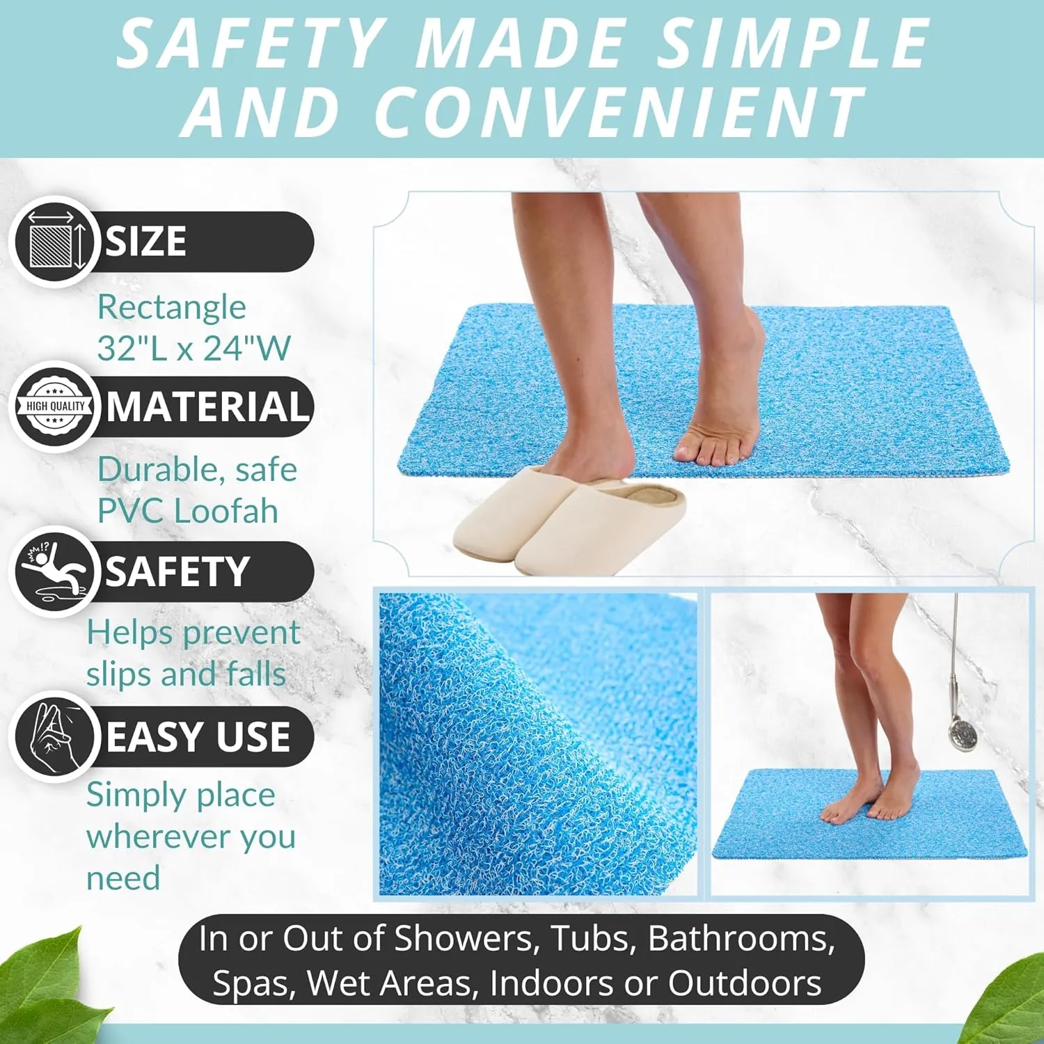 Enkosi Loofah Non-Slip Shower Mat - Shower Floors, Bathtub, Bathrooms, Wet Areas - Cushioned Bath Mat with Drain Holes - Quick Dry PVC, Secure Safety Pad Without Suction Cups (32x24 Aqua Blue)