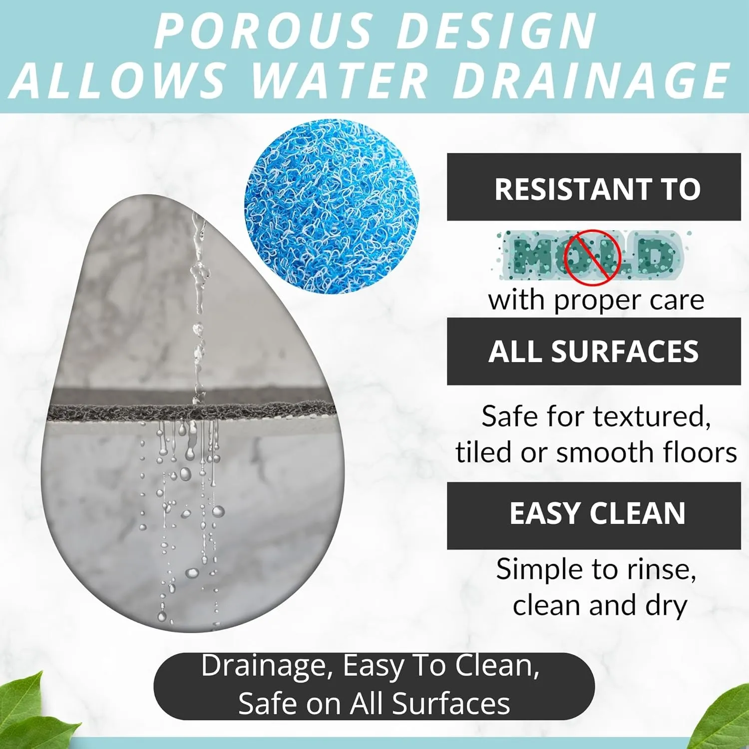 Enkosi Loofah Non-Slip Shower Mat - Shower Floors, Bathtub, Bathrooms, Wet Areas - Cushioned Bath Mat with Drain Holes - Quick Dry PVC, Secure Safety Pad Without Suction Cups (32x24 Aqua Blue)