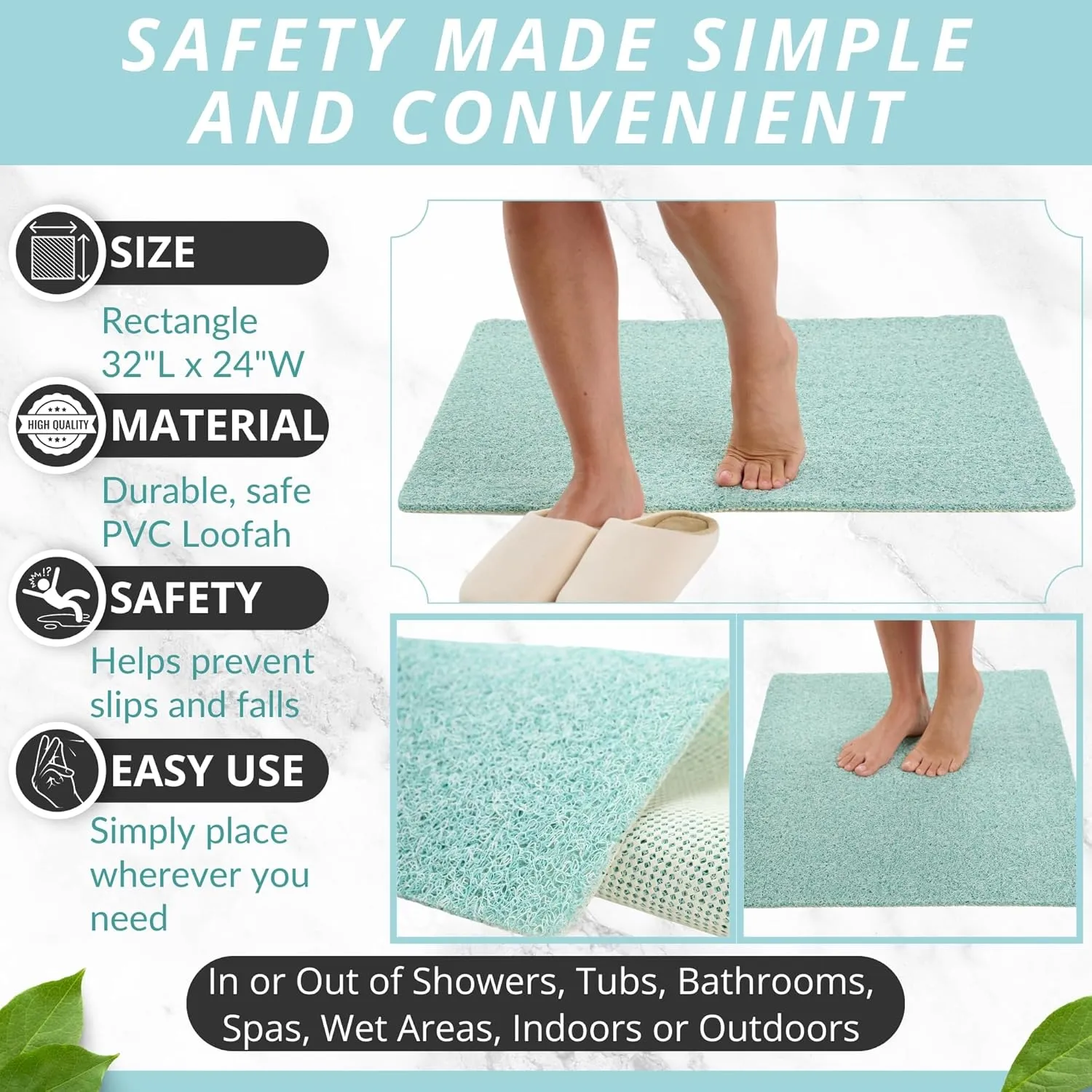 Enkosi Loofah Non-Slip Shower Mat - Shower Floors, Bathtub, Bathrooms, Wet Areas - Cushioned Bath Mat with Drain Holes - Quick Dry PVC, Secure Safety Pad Without Suction Cups (32x24 Aqua Green)