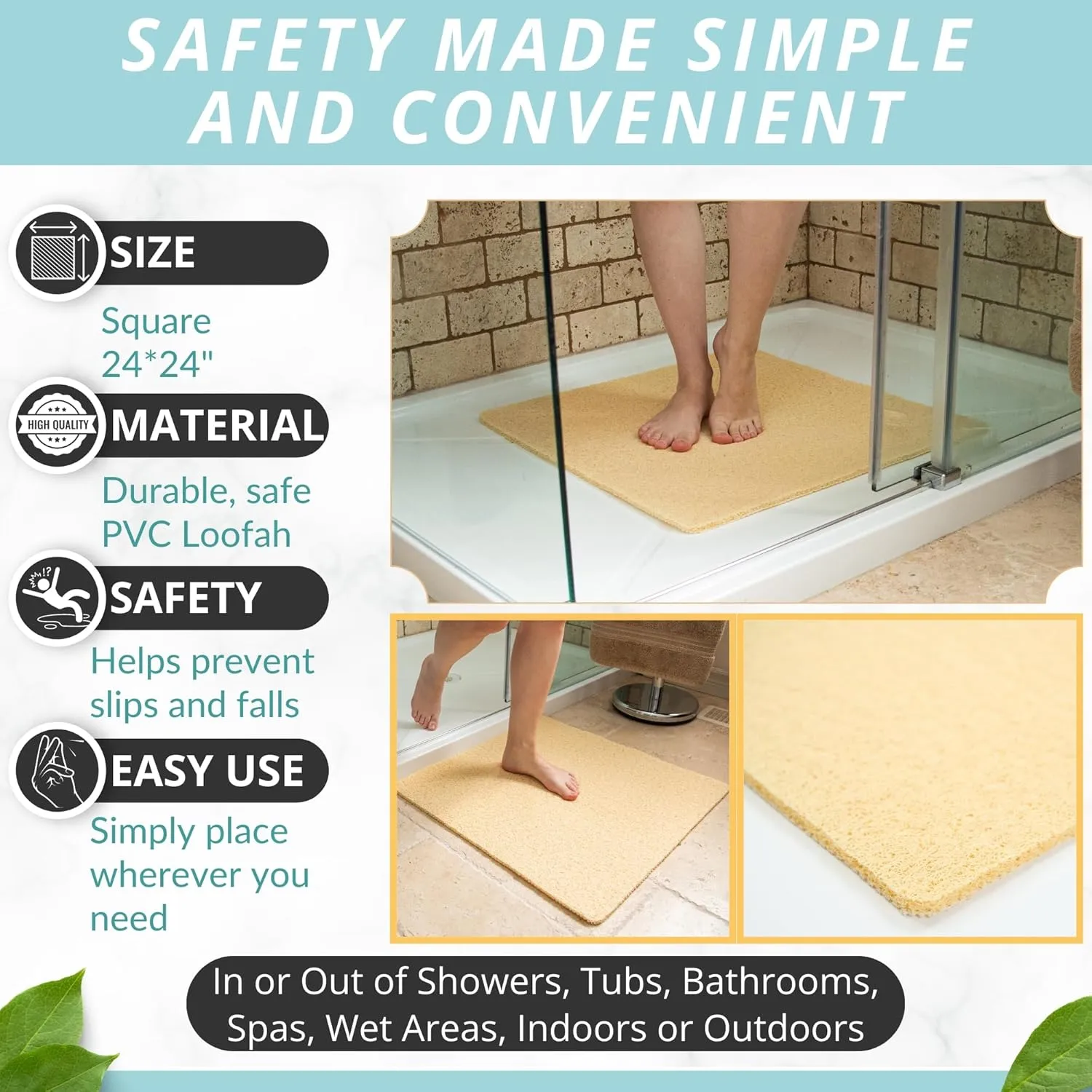 Enkosi Loofah Shower Mat Non-Slip - Anti-Slip Bath Mat for Inside Showers, Tub, Bathtub, Bathroom - Quick Dry PVC with Drain Holes - Cushioned Safety Grip - Secure for Kids and Elderly (Beige 24x24)
