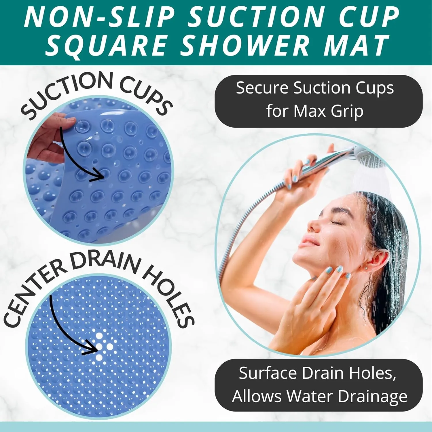 ENKOSI Square Shower Mat – 21 x 21 Inch Non-Slip Bathroom Shower Stall Mat with Suction Cups and Drain Holes – Anti-Slip Bathtub Shower Mats for Inside Shower (21x21 Aqua Blue)