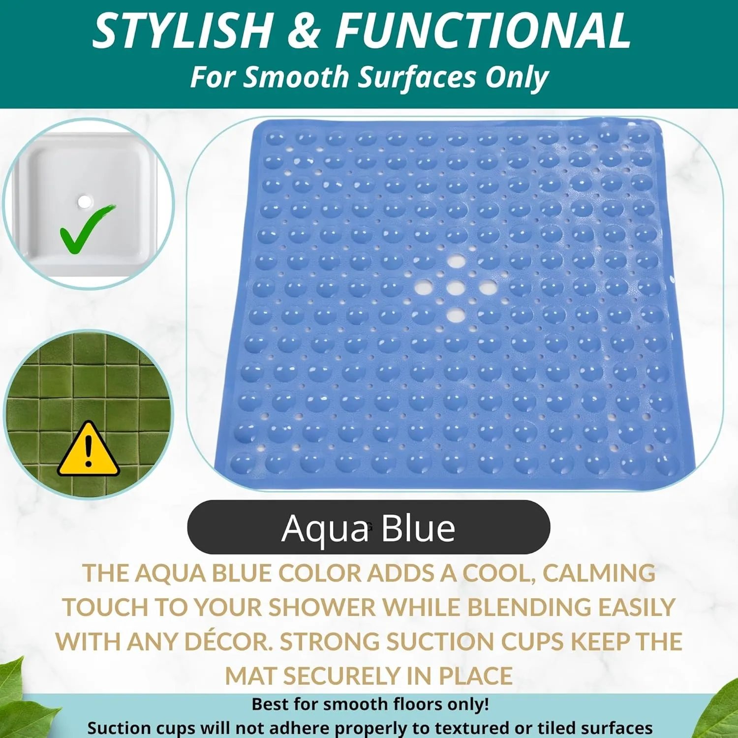 ENKOSI Square Shower Mat – 21 x 21 Inch Non-Slip Bathroom Shower Stall Mat with Suction Cups and Drain Holes – Anti-Slip Bathtub Shower Mats for Inside Shower (21x21 Aqua Blue)