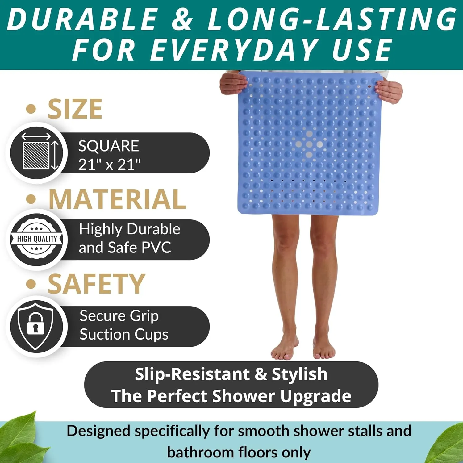 ENKOSI Square Shower Mat – 21 x 21 Inch Non-Slip Bathroom Shower Stall Mat with Suction Cups and Drain Holes – Anti-Slip Bathtub Shower Mats for Inside Shower (21x21 Aqua Blue)