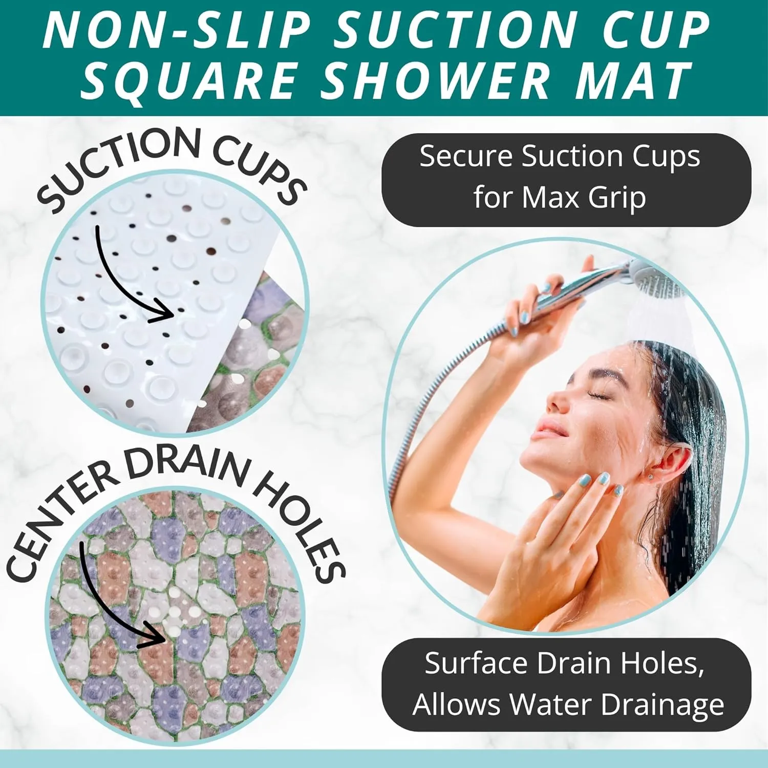 ENKOSI Square Shower Mat 21x21 inch - Anti Slip Shower Stall Floor Mat - Non Slip Shower Mats with Strong Secure Suction Cups and Drain Holes in Middle (21x21 Stone Path)