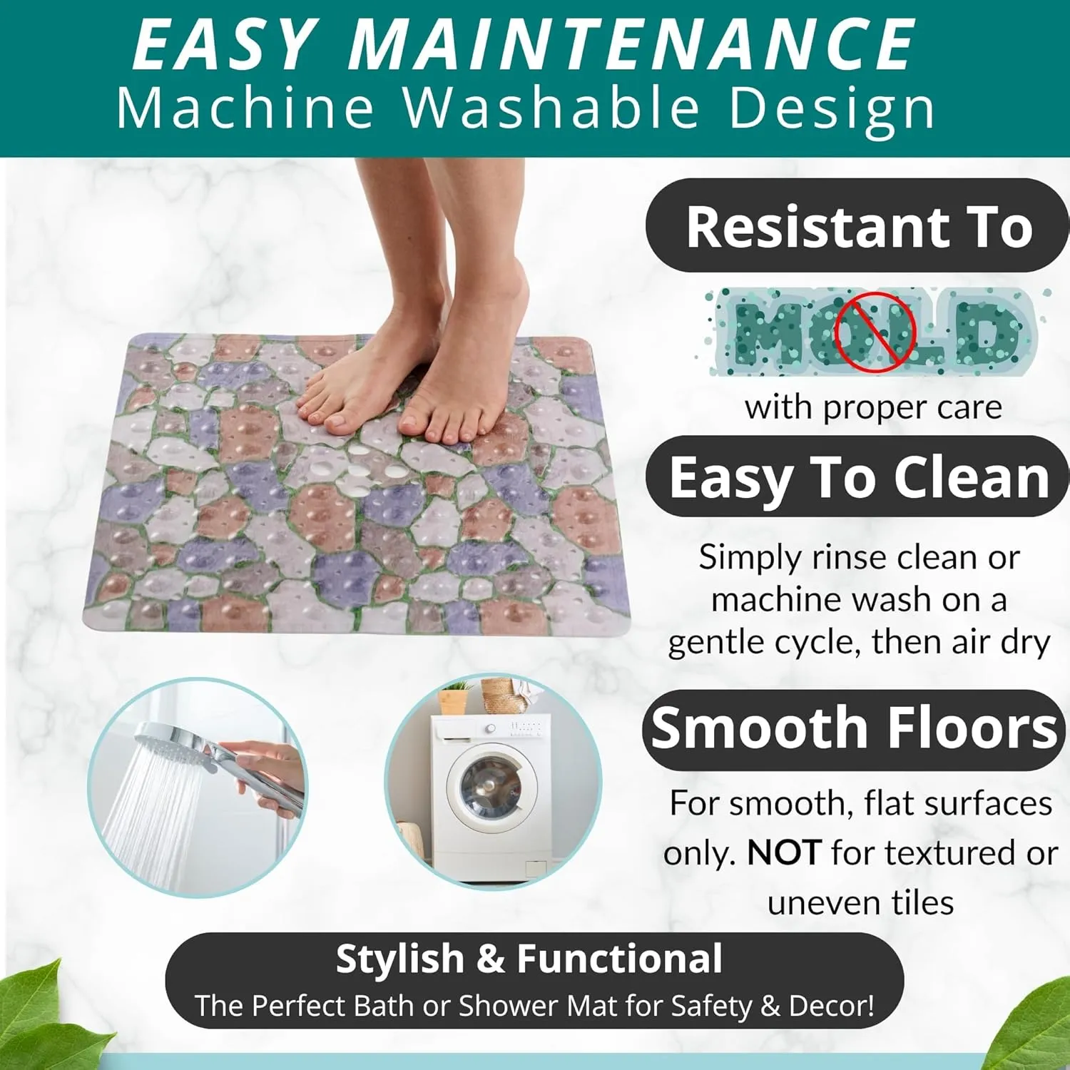 ENKOSI Square Shower Mat 21x21 inch - Anti Slip Shower Stall Floor Mat - Non Slip Shower Mats with Strong Secure Suction Cups and Drain Holes in Middle (21x21 Stone Path)