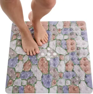 ENKOSI Square Shower Mat 21x21 inch - Anti Slip Shower Stall Floor Mat - Non Slip Shower Mats with Strong Secure Suction Cups and Drain Holes in Middle (21x21 Stone Path)
