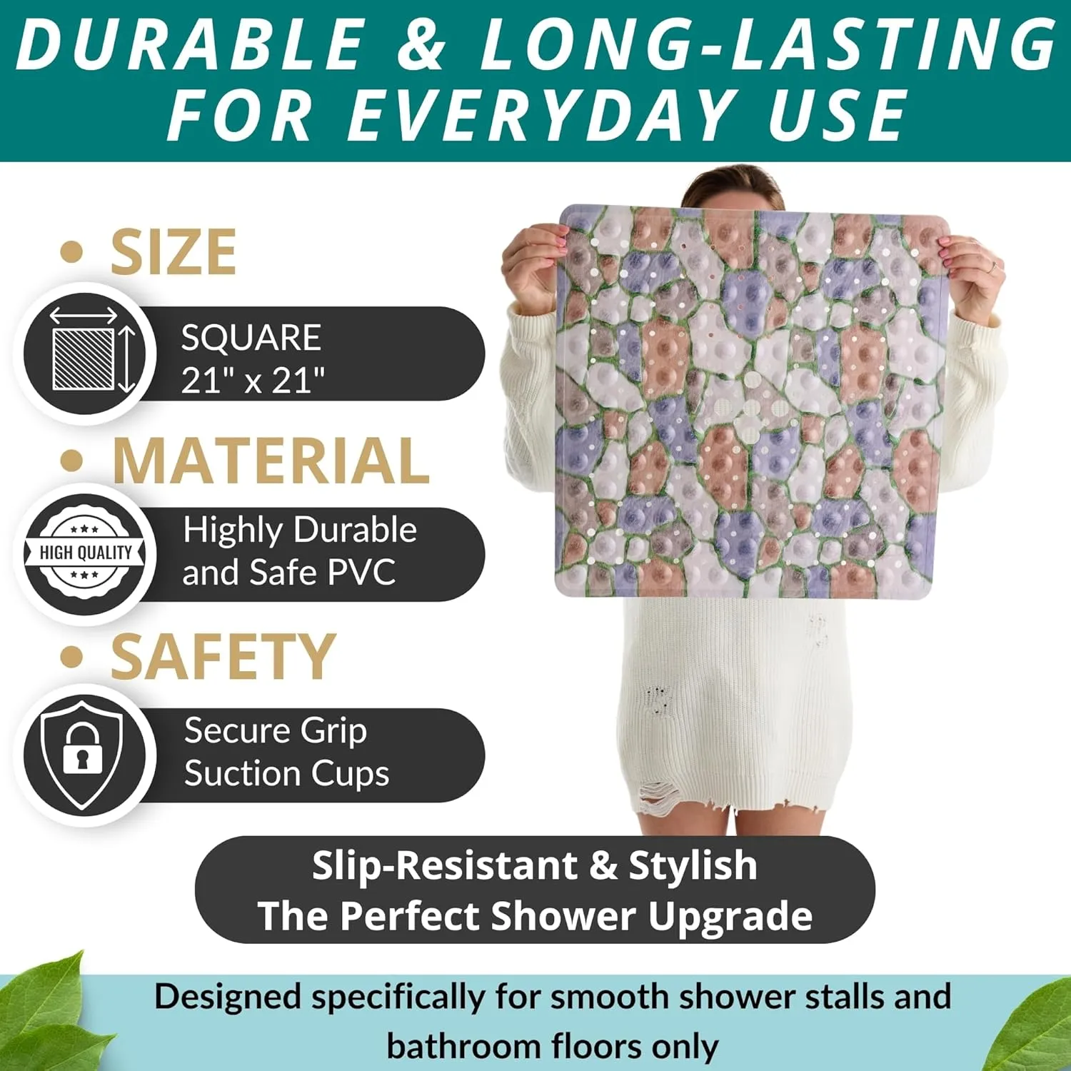 ENKOSI Square Shower Mat 21x21 inch - Anti Slip Shower Stall Floor Mat - Non Slip Shower Mats with Strong Secure Suction Cups and Drain Holes in Middle (21x21 Stone Path)