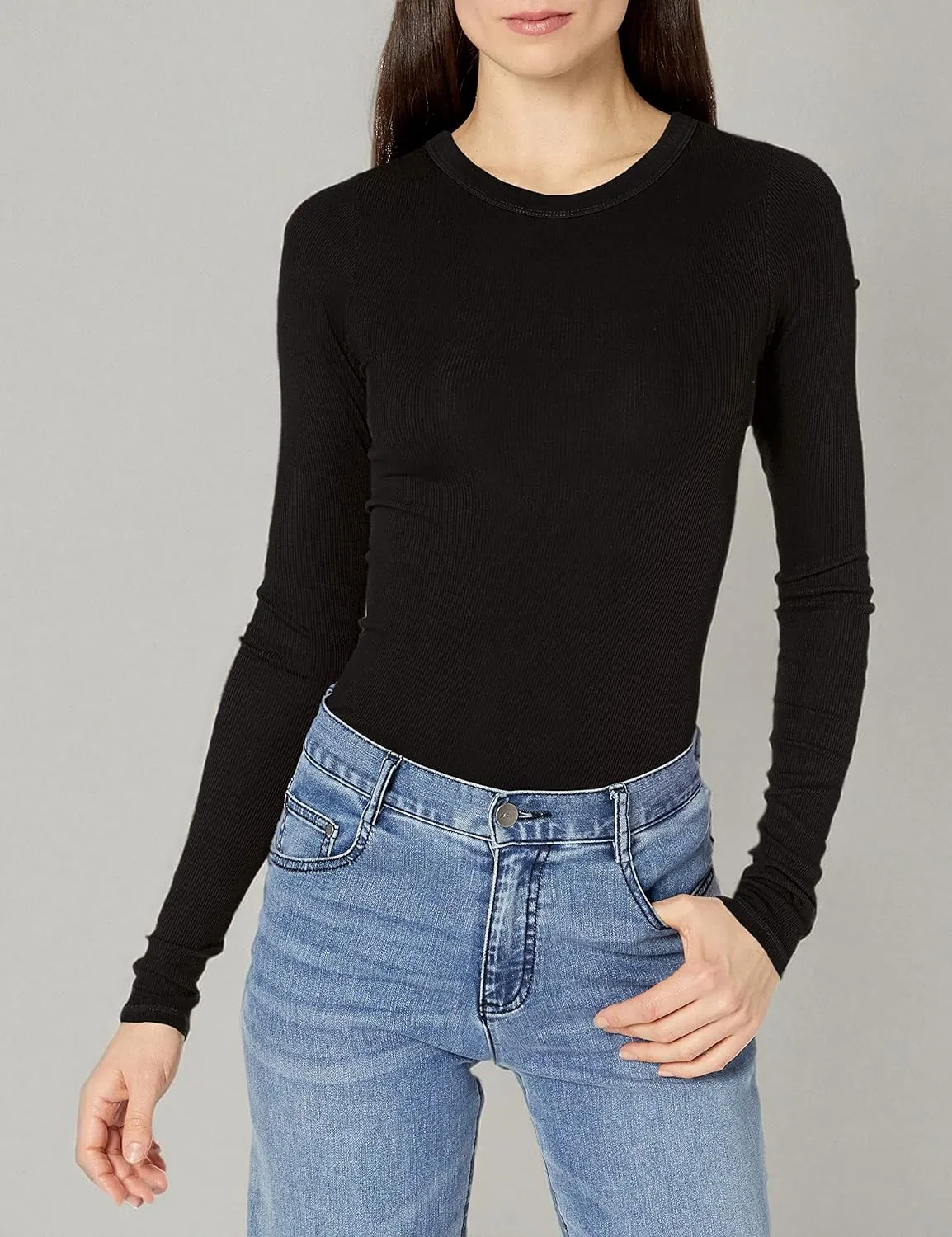 Enza Costa Women’s Stretch Silk Rib Fitted Long Sleeve Crew Neck Top