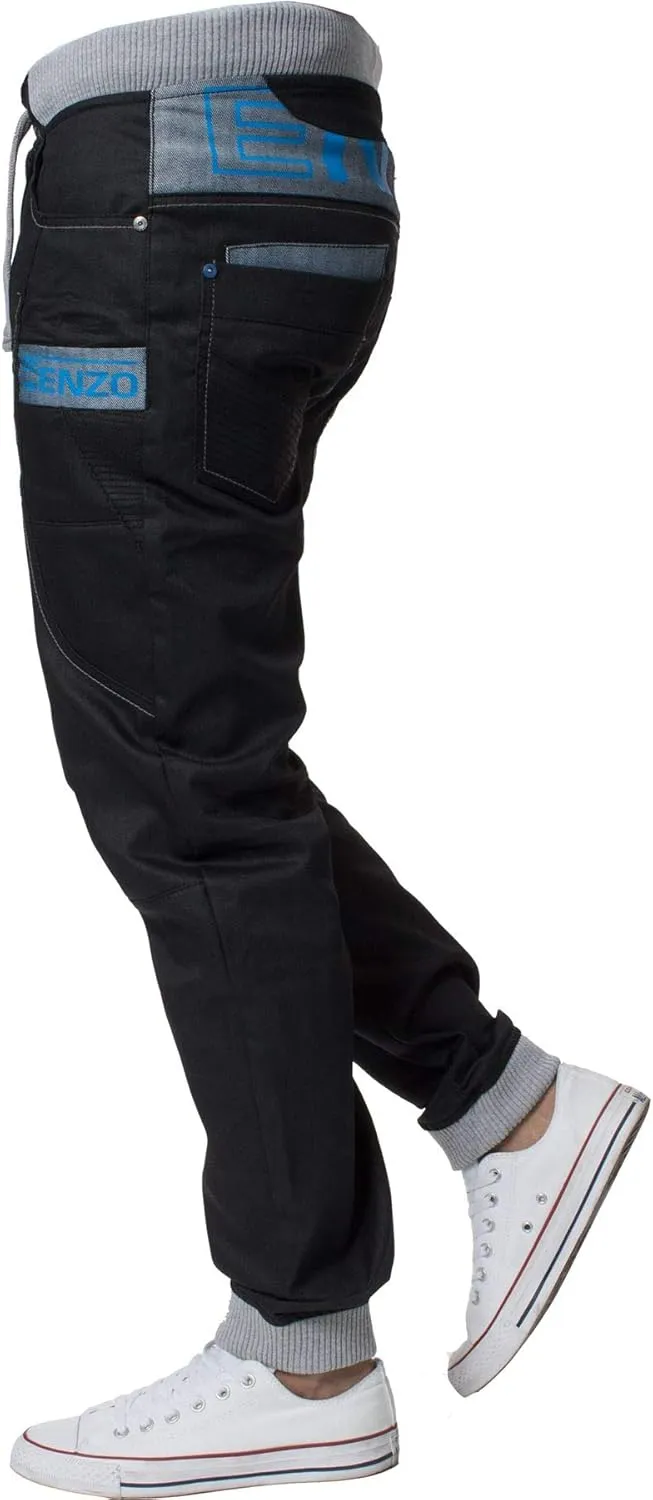 Enzo Mens Cuffed Denim Jogger Jeans Twill Pants
