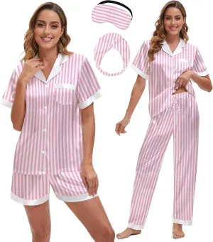 EPLAZA 3 Piece Silk Pajamas for Women Set Satin Pajama Short Sleeve Button Down Cute Silk Pjs Sets Loungewear Sleepwear
