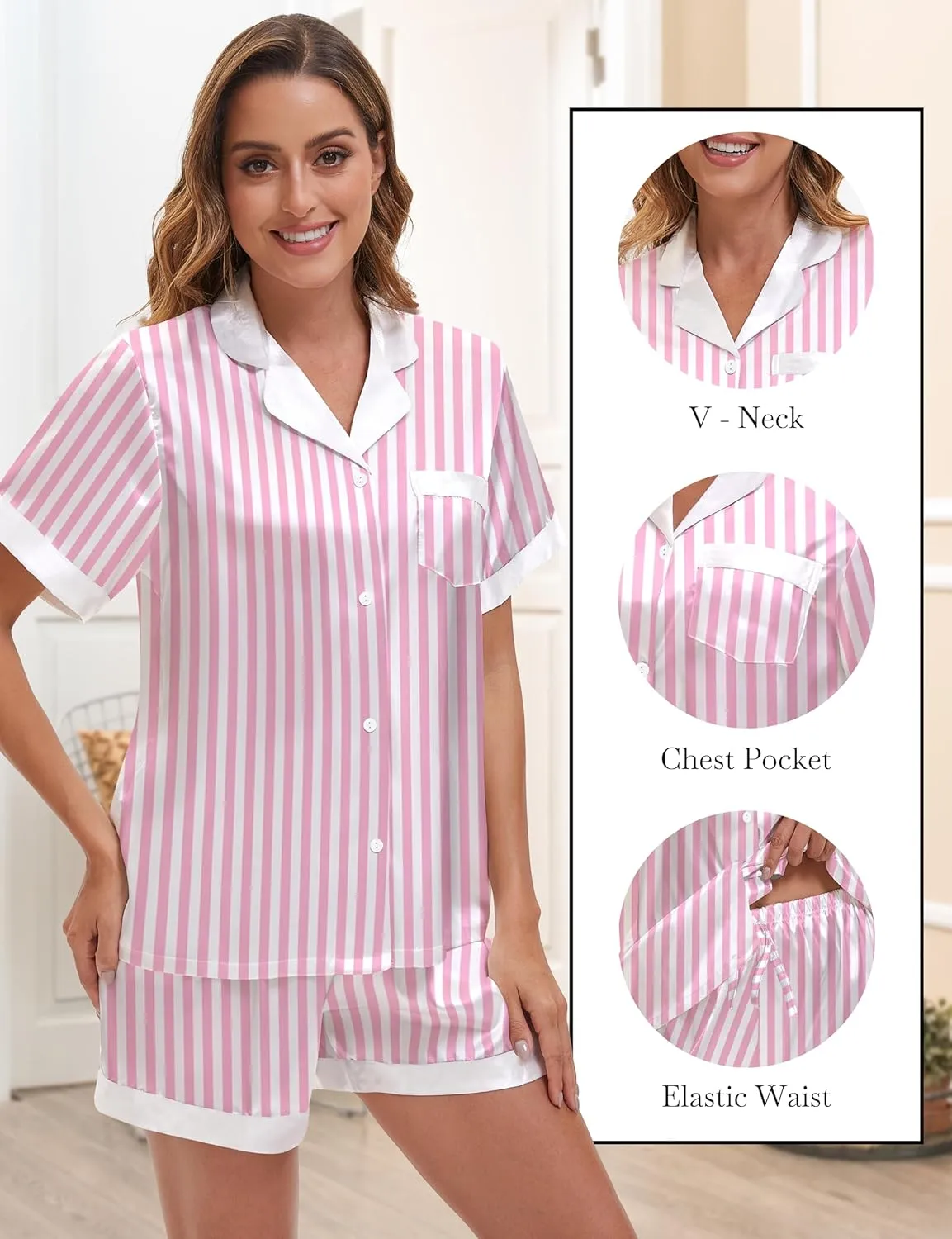 EPLAZA 3 Piece Silk Pajamas for Women Set Satin Pajama Short Sleeve Button Down Cute Silk Pjs Sets Loungewear Sleepwear