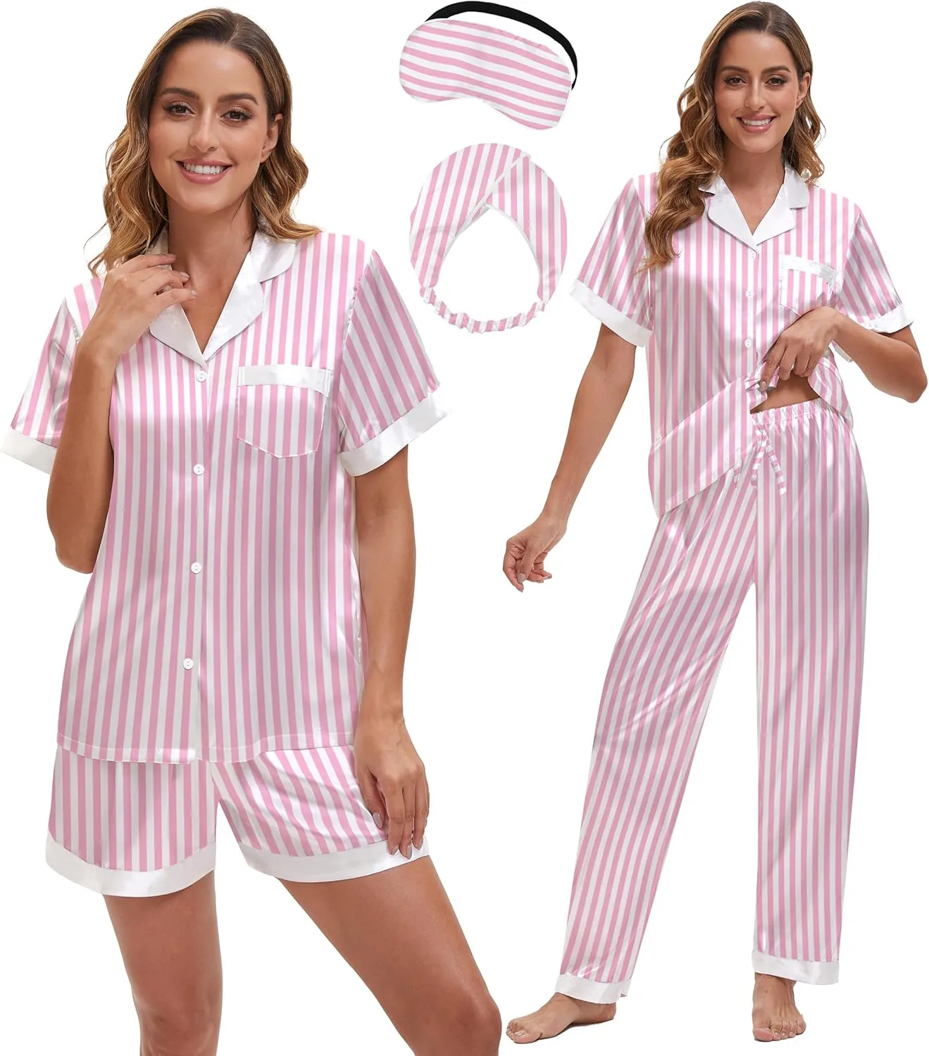 EPLAZA 3 Piece Silk Pajamas for Women Set Satin Pajama Short Sleeve Button Down Cute Silk Pjs Sets Loungewear Sleepwear