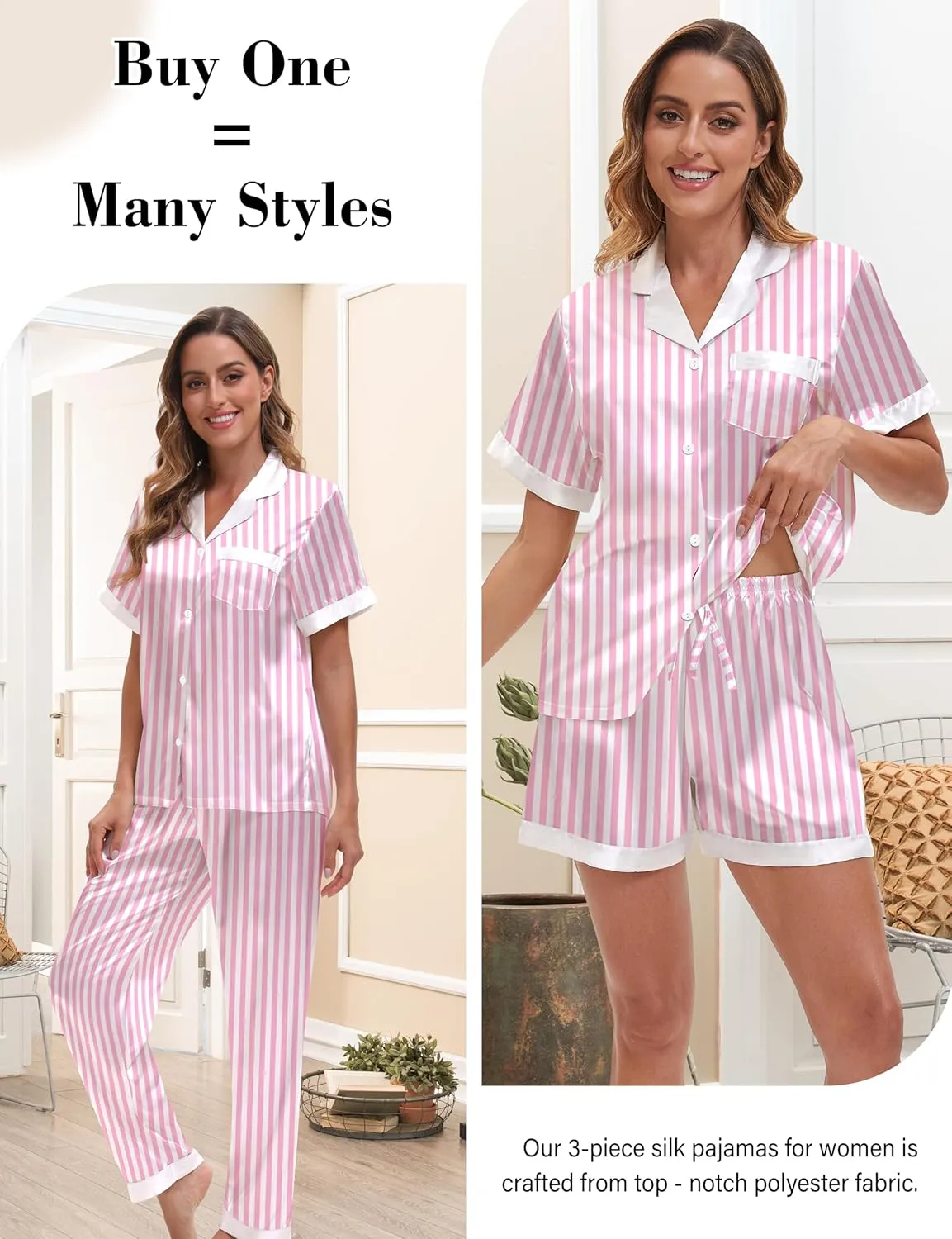 EPLAZA 3 Piece Silk Pajamas for Women Set Satin Pajama Short Sleeve Button Down Cute Silk Pjs Sets Loungewear Sleepwear